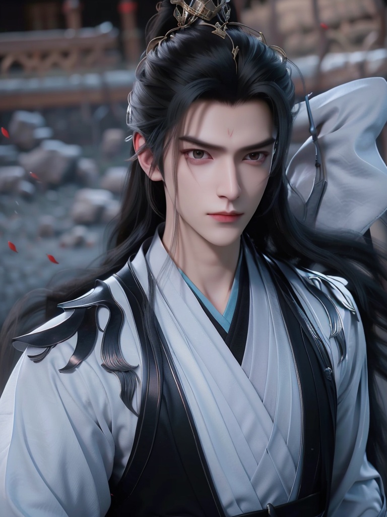  An ancient handsome man, (masterpiece), (highest quality), ultra-high resolution, (8K resolution), high details, first-person point of view, refined features, perfect face, male, single person, deep-set eyes, strong chin, long hair, traditional hair bun, holding a fan, volumetric lighting, (robe), (sash), calligraphy brush, waist-up portrait, traditional costume, gentle smile, (red), (black), (white), sideburns, furrowed brows, golden earring, (bamboo hat), standing in an elegant pose, facing left, with a serene expression.