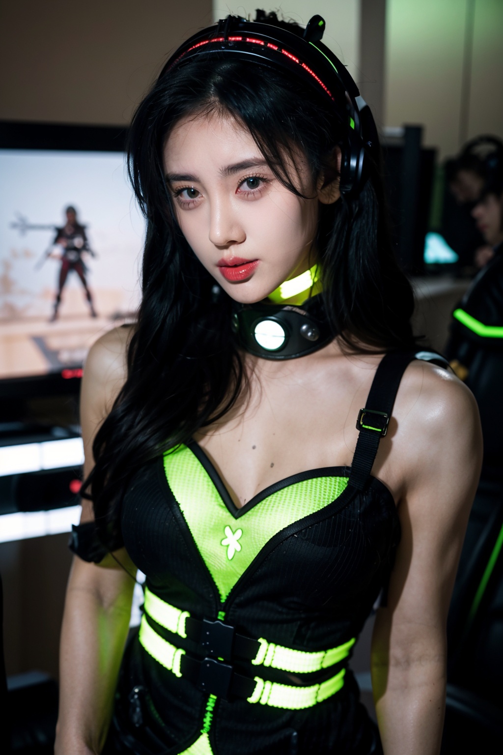  beautiful young woman, extreme detailed,
bodysuit, gloves, belt, thigh boots, respirator, 
looking at viewer, face, portrait, close-up, green, slender, 
(combat ready stance), (tactical outfit), (solo character), (gaming theme:1.5), short hair, green, (black hair), (milittary gear), (gas mask:0.4), (poisonous green:1.2), (glowing effects), 21yo girl