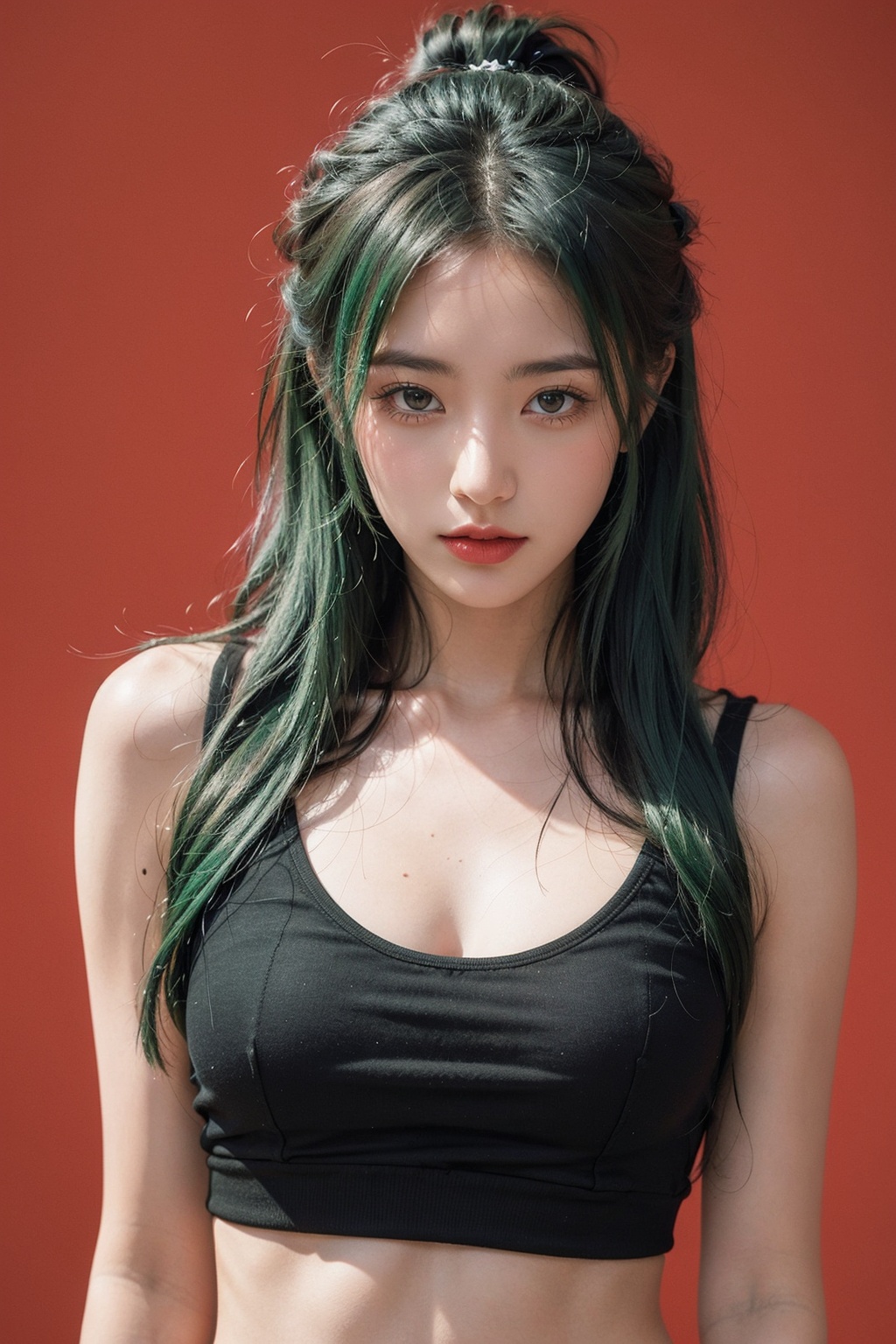 21yo girl,  green hair,  red background on Tensor.Art