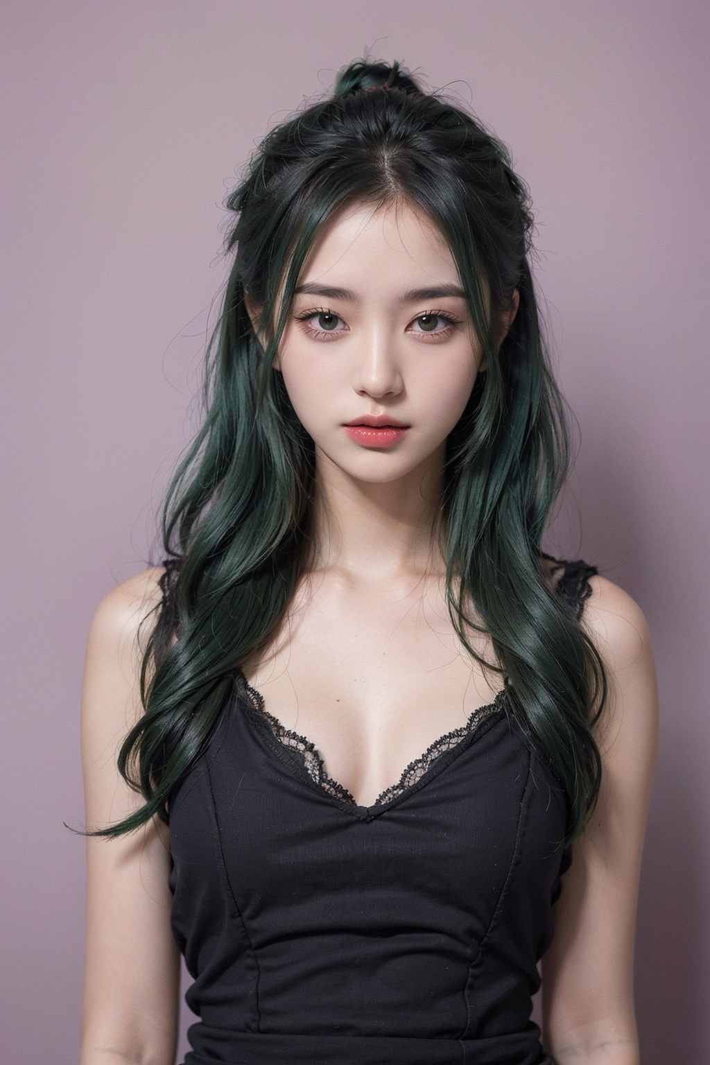 21yo girl, green hair, 
purple background,