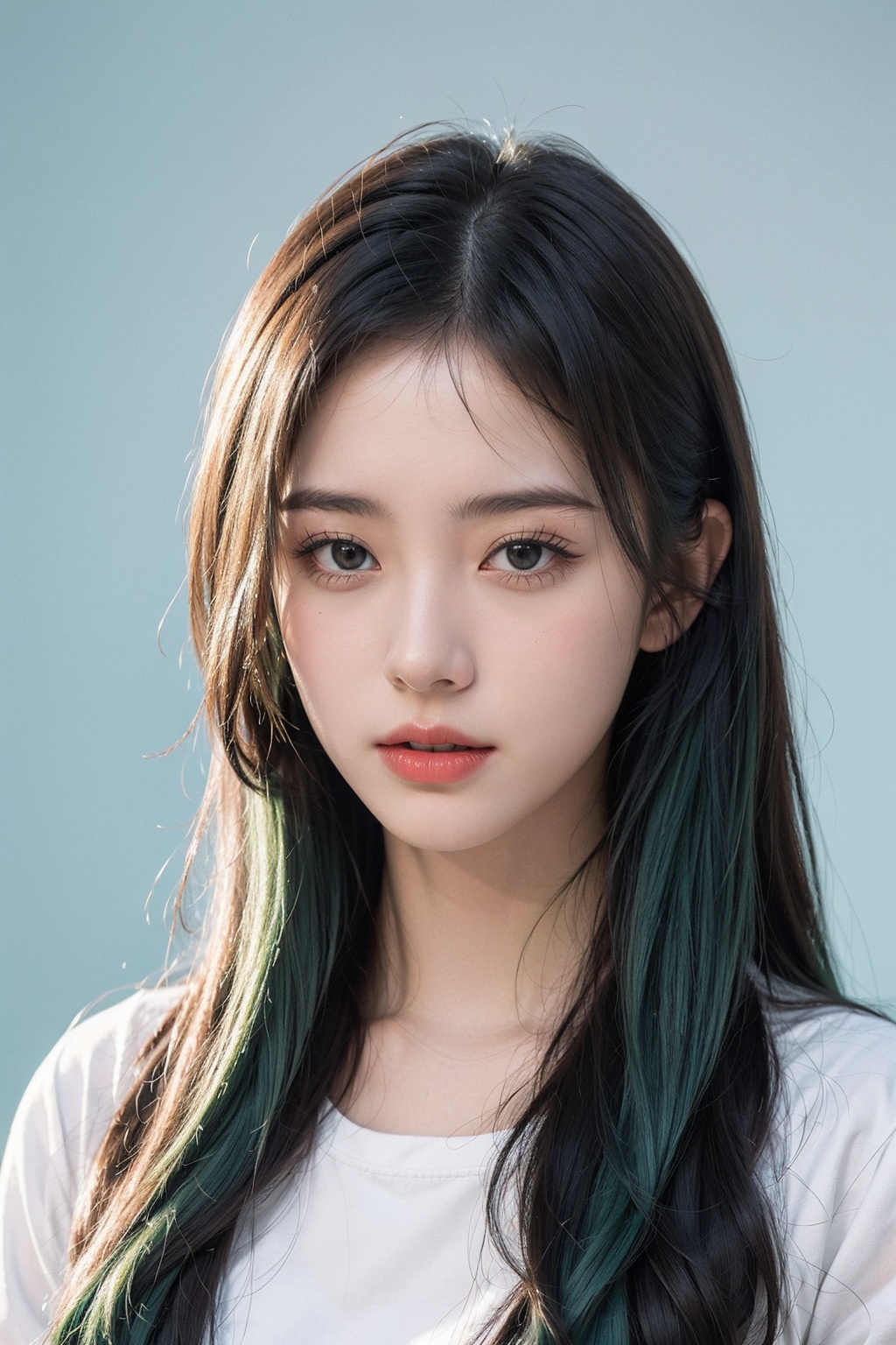 21yo girl, green hair, 
blue background,