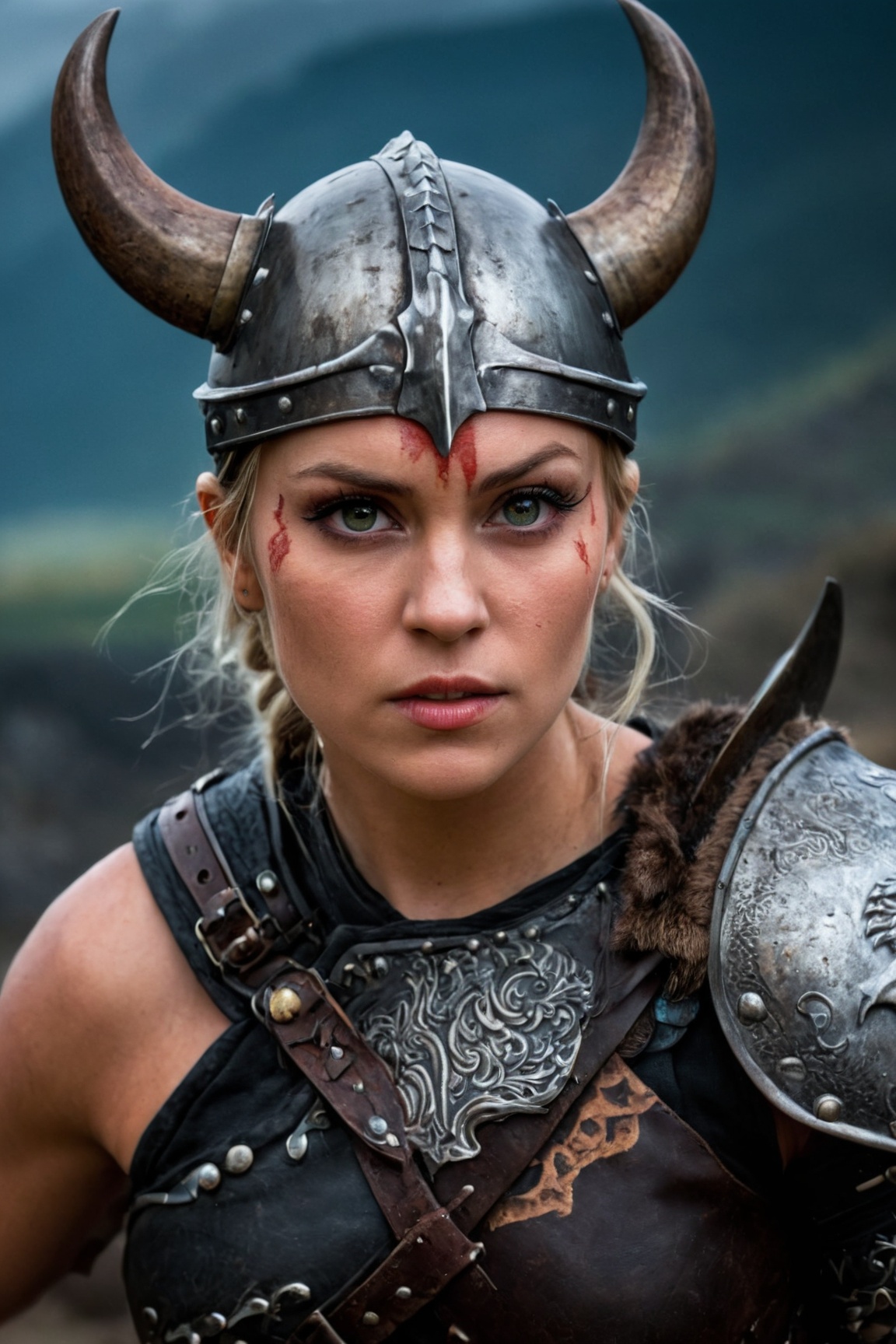(a fierce viking warrior with a fierce expression,  wearing leather armor and a horned helmet),  beautiful detailed eyes,  beautiful detailed lips,  extremely detailed eyes and face,  warrior attitude,  grim and strong appearance,  strong and muscular build,  standing confidently in a dramatic pose,  holding a battle axe raised high,  brandishing an intimidating sword,  powerful presence,  strong and determined facial expression,  scars and battle wounds on her face,  viking-inspired tattoos covering her arms and body,  a tattoo of a dragon on her neck,  cinematic lighting and composition,  dramatic shadows and highlights,  photorealistic textures and details,  realistic and vibrant colors,  vivid backgrounds and landscapes,  highly detailed hair and braid styles,  masterpiece quality and resolution,  powerful and cinematic atmosphere,  creating a sense of awe and intimidation.