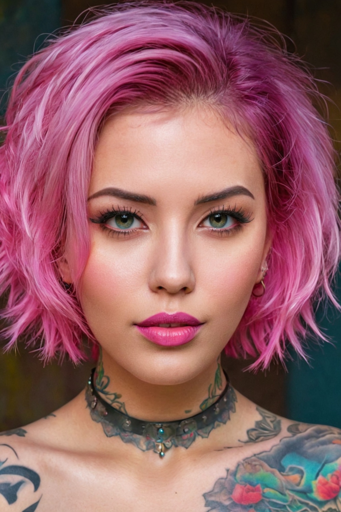 (best quality, ultra-detailed, realistic:1.37), pink haircut, Choker necklace, Tattoo face texture, tattoo Hand, Chest tattoo, Tattoo shoulder, medium:oil painting, vivid colors, studio lighting, portrait, detailed eyes and lips, coloful background, soft lighting