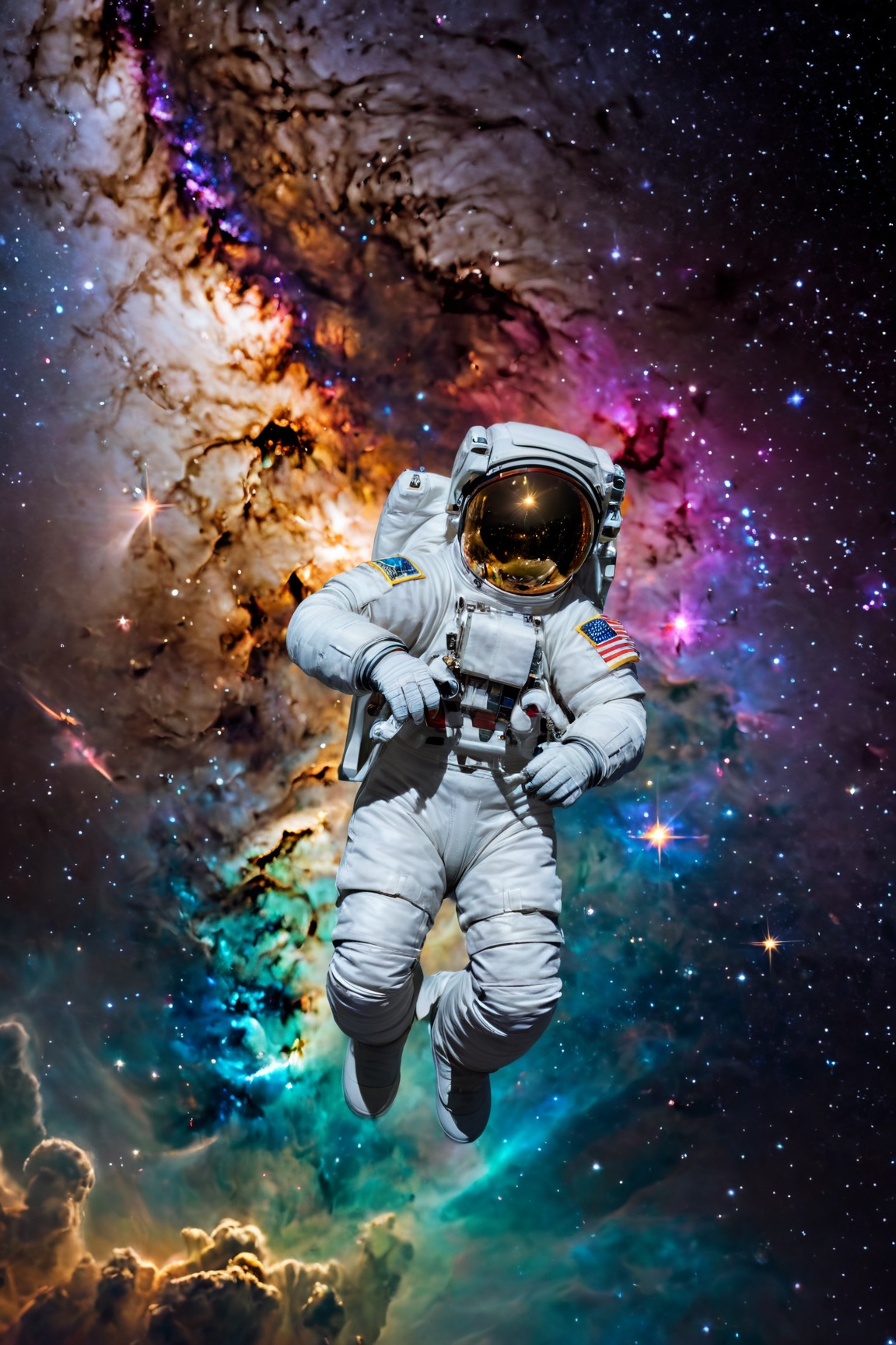 1girl, (best quality, 4k, 8k, highres, masterpiece:1.2), astronaut, (realistic, photorealistic, photo-realistic:1.37), falling in space, vivid colors, beautiful detailed eyes, longeyelashes, floating in zero gravity, spacewalk, exploring the cosmos, full spacesuit, space helmet, star-filled background, floating hair, spacecraft in the distance, lunar landscape, soft and whimsical lighting, weightlessness, longing for home, curiosity and wonder, contrast between darkness and light, colorful nebulae, peaceful serenity, loneliness in space, courage and determination, deep space exploration, galaxies and constellations, limitless universe, shooting stars streaking by, sparkling celestial objects.,<lora:EMS-74104-EMS:0.800000>
