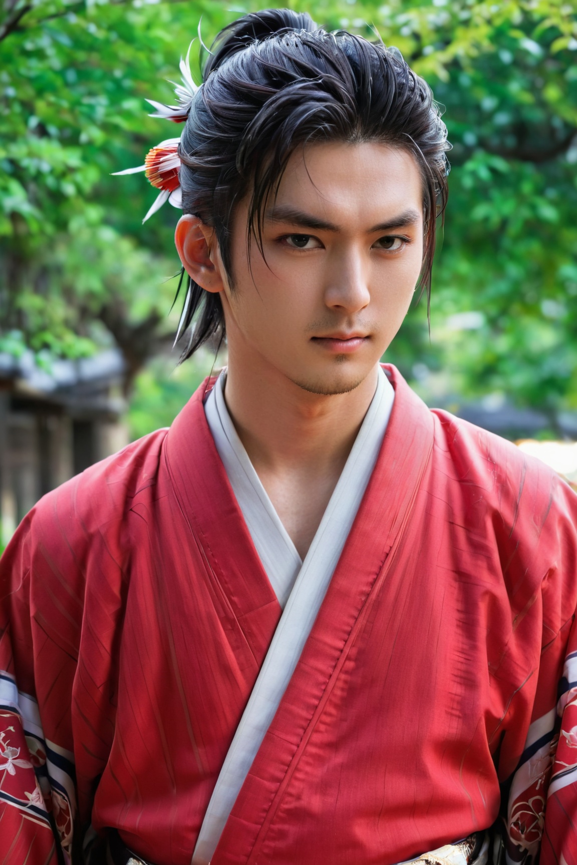 highres,  sharp focus,  pixiv masterpiece,  ((intricate details)),  highly detailed,  yasuri_shichika,  1boy,  male,  stripe bead necklace,  black hair,  (spiked hair),  ponytail,  very long hair,  red clothes,  red open clothes,  simple kimono,  hakama,<lora:EMS-74104-EMS:0.800000>