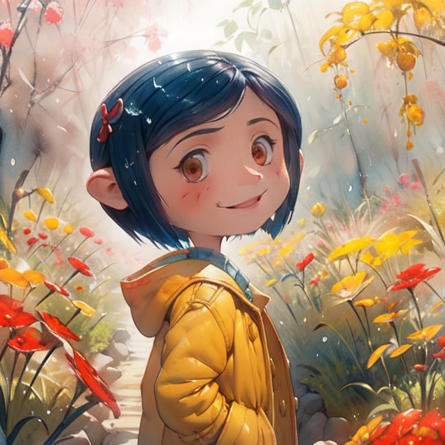Cute little Coraline,  Yellow Rain coat,  Blue short hair on Tensor.Art