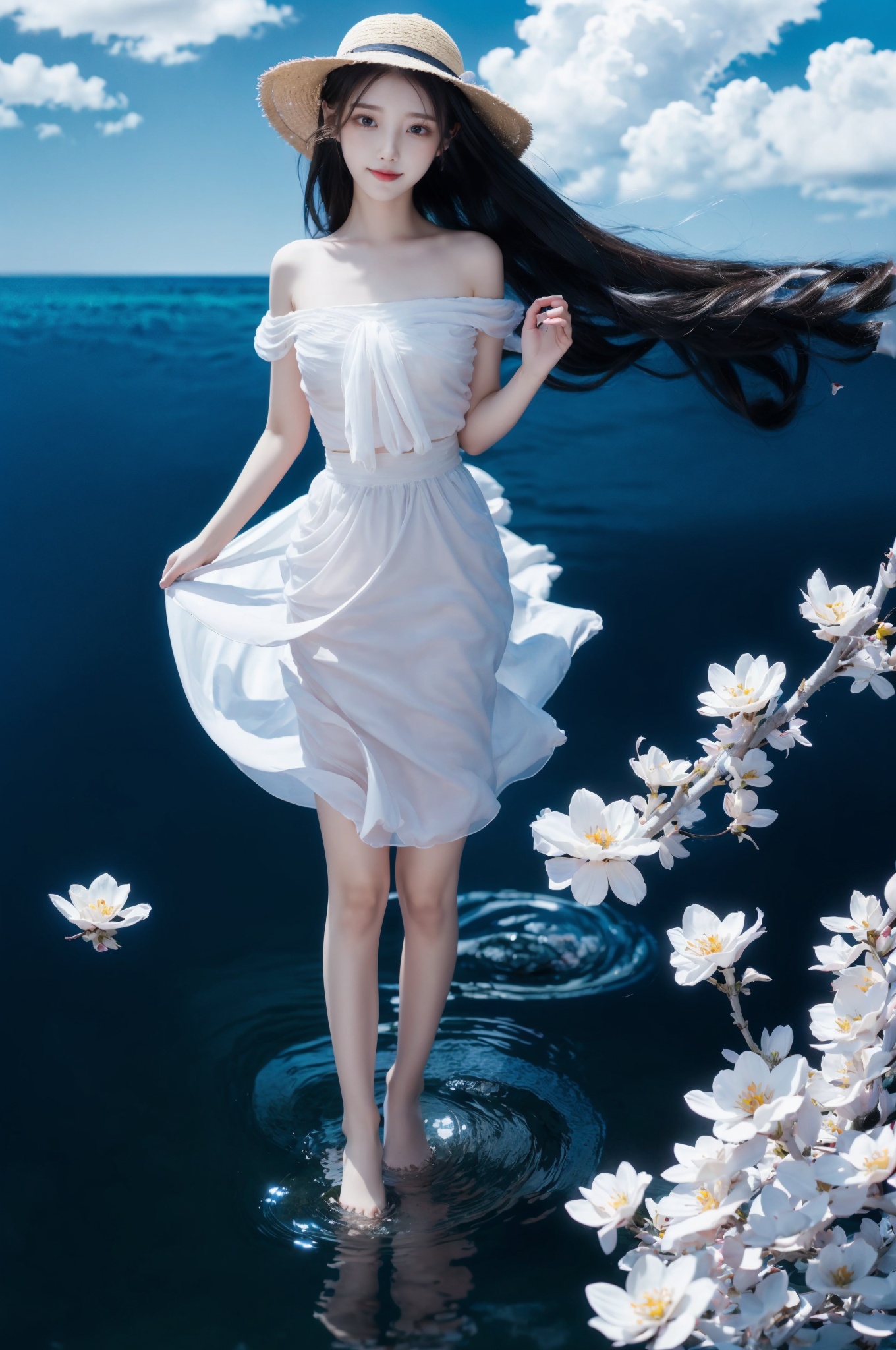  full body, depth of field, (1girl:1.2), , very long hair, low twintails, yellow eyes, light smile, Straw hat, looking at viewer,
white shirt, white skirt, (flying white chiffon:1.5), bare shoulder,
(flying blue petals:1.2), (standing above water surface), sky background, (cloud:1.2), white bird, floating water drops, (white border:1.2)
, backlight,lizhien