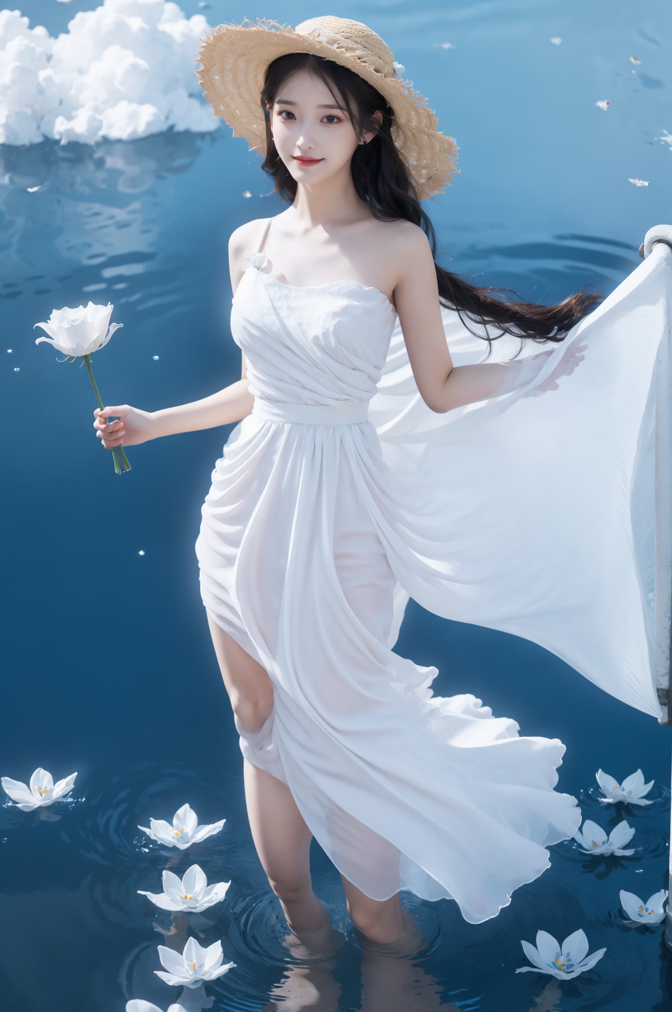  full body, depth of field, (1girl:1.2), , very long hair, low twintails, yellow eyes, light smile, Straw hat, looking at viewer,
white shirt, white skirt, (flying white chiffon:1.5), bare shoulder,
(flying blue petals:1.2), (standing above water surface), sky background, (cloud:1.2), white bird, floating water drops, (white border:1.2)
, backlight,lizhien