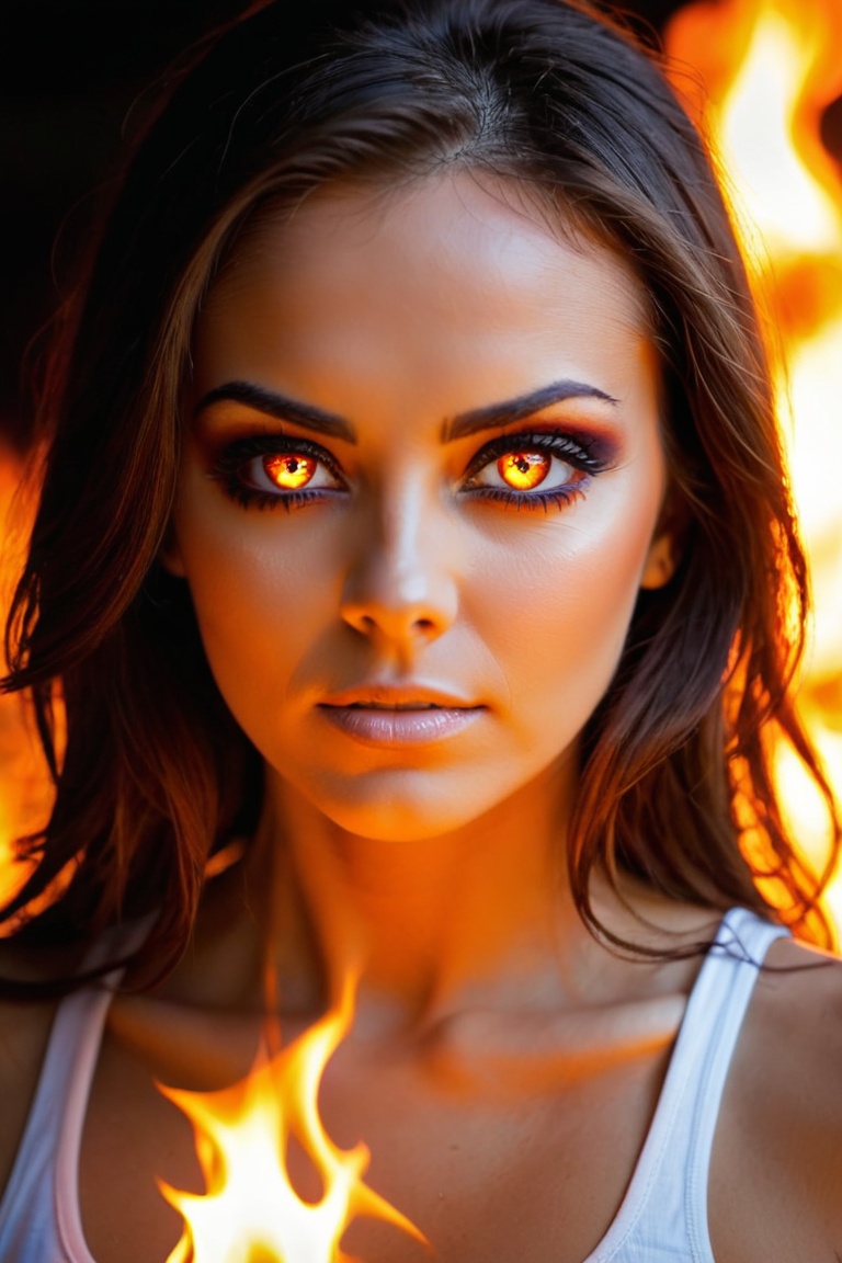 woman,  burningeyes,  fire reflected in eyes on Tensor.Art