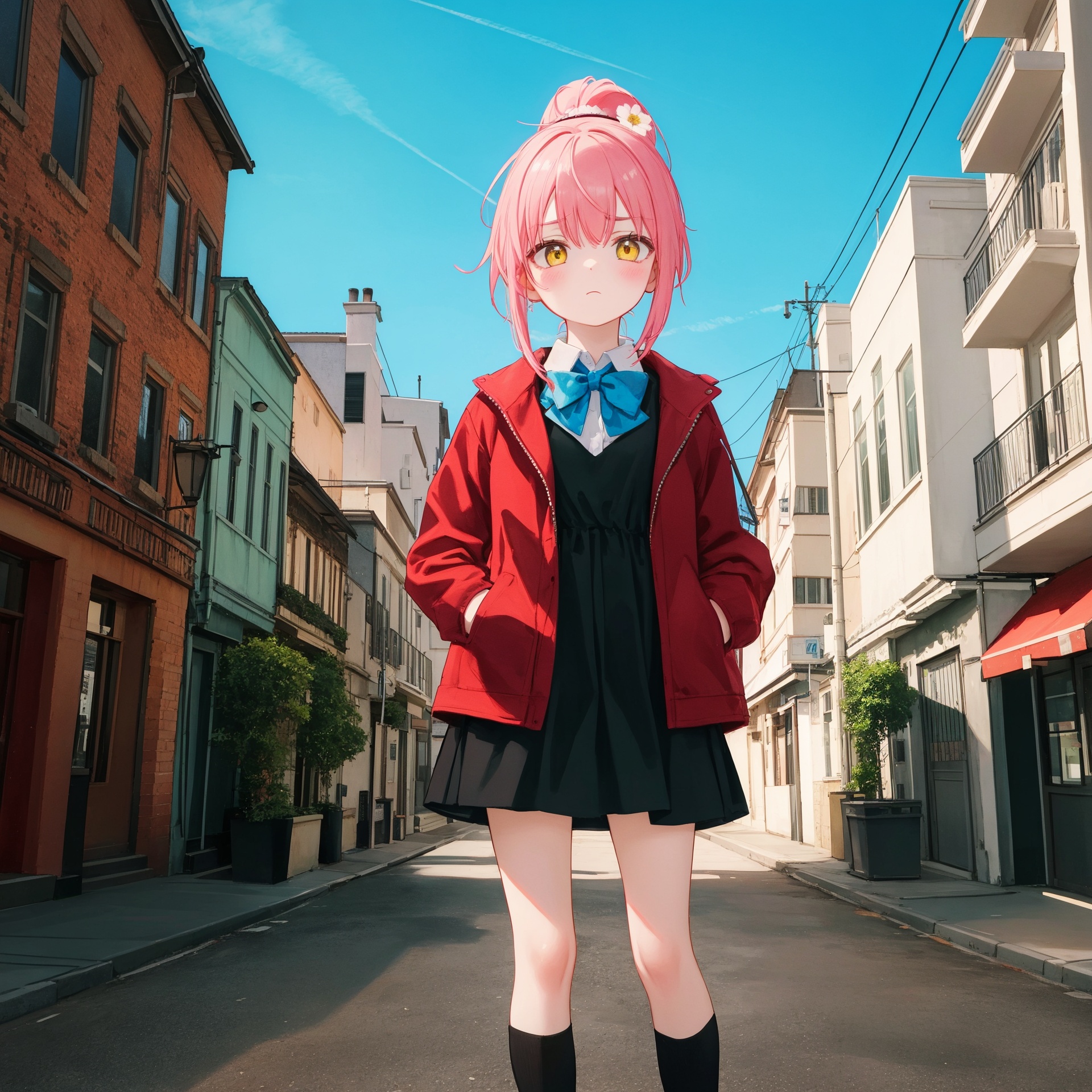  (best quality), ((masterpiece)), (highres),standing,original, extremely detailed wallpaper, (an extremely delicate and beautiful),(loli),(petite),Pink hair,Yellow eyes, (red Jacket),high ponytail,white collared shirt,hair flower,fipped hair,floating hair,Frown,hands in pockets,black dress,red bowtie,(solo),full body,standing,street,city,focused,solo,backlight