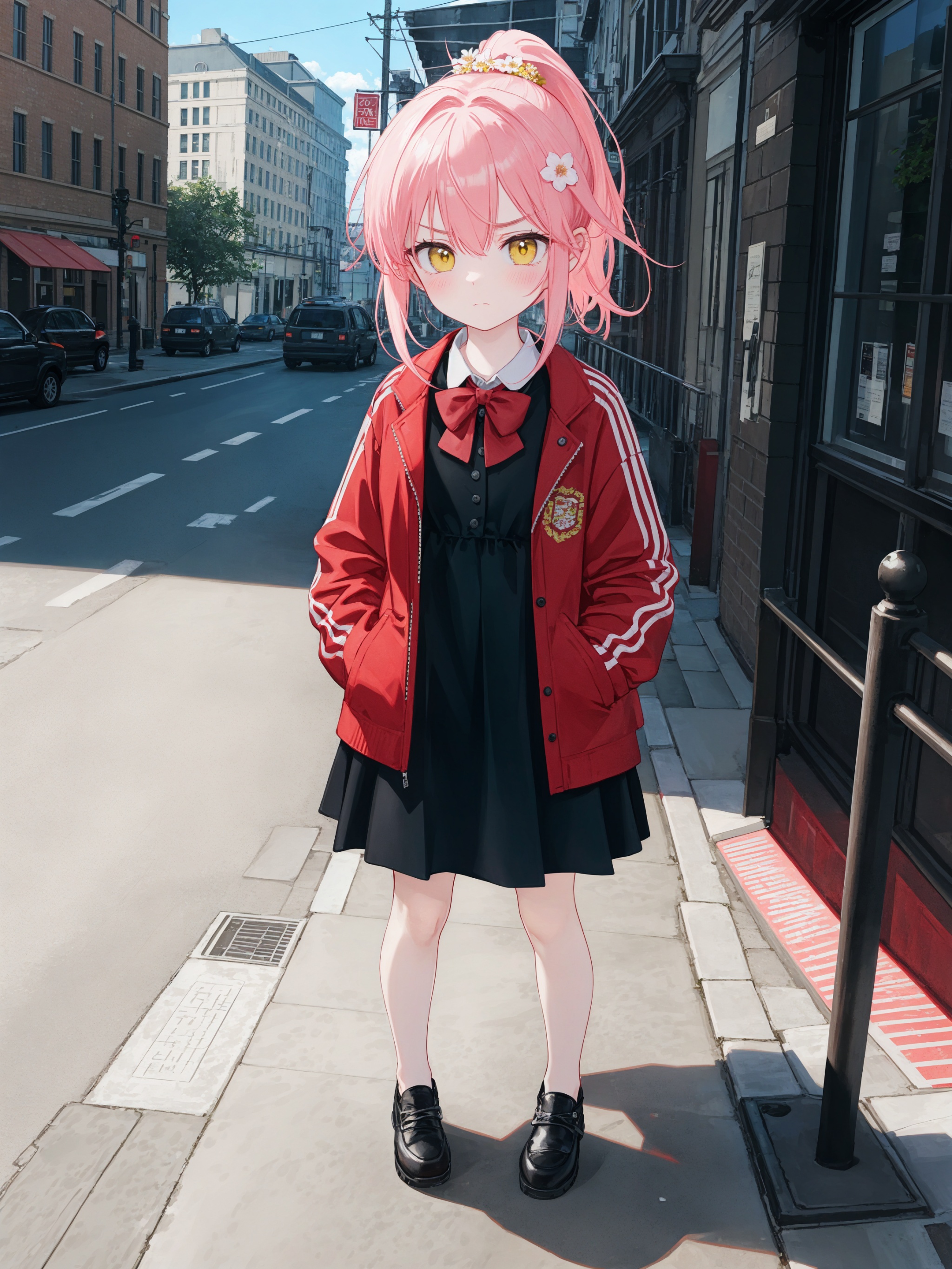  (best quality), ((masterpiece)), (highres),standing,original, extremely detailed wallpaper, (an extremely delicate and beautiful),(loli),(petite),Pink hair,Yellow eyes, (red Jacket),high ponytail,white collared shirt,hair flower,fipped hair,floating hair,Frown,hands in pockets,black dress,red bowtie,(solo),full body,standing,street,city,focused,solo,backlight