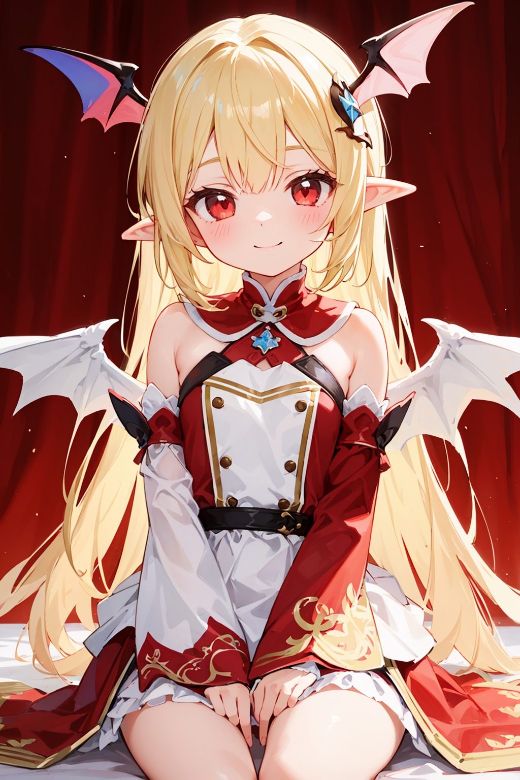  (loli:1.2),(petite:1.2),sitting,masterpiece, {highres},((ultra-detailed)),(detailed light),ray tracing,{an extremely delicate and beautiful},1girl,loli,(blonde clothes:1.2),(red clothes:1.2),white clothes,bangs,blue bat wings,detached sleeves, hair ornament, head wings, long hair, looking at viewer, pointy ears,red eyes, smile, solo,