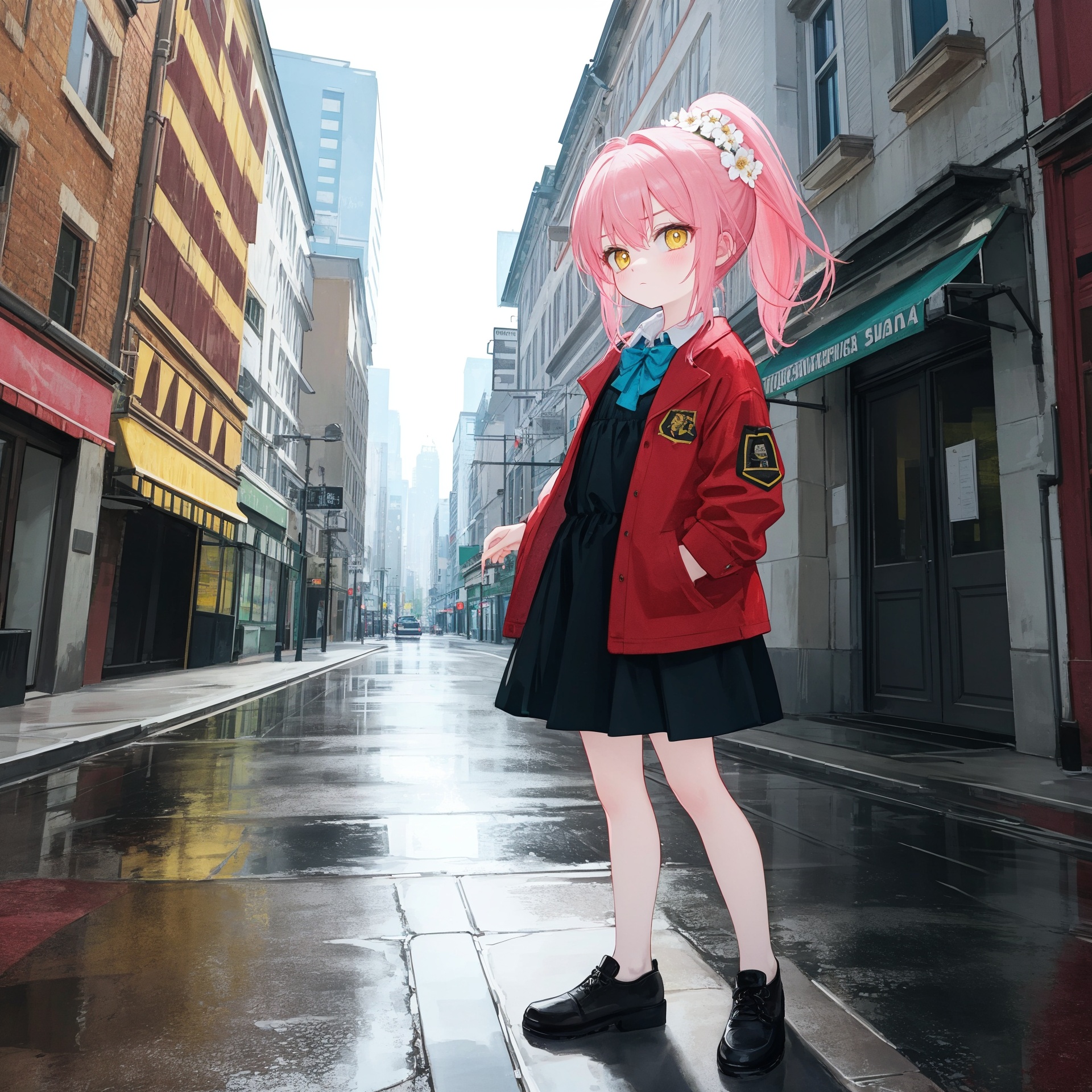  (best quality), ((masterpiece)), (highres),standing,original, extremely detailed wallpaper, (an extremely delicate and beautiful),(loli),(petite),Pink hair,Yellow eyes, (red Jacket),high ponytail,white collared shirt,hair flower,fipped hair,floating hair,Frown,hands in pockets,black dress,red bowtie,(solo),full body,standing,street,city,focused,solo,backlight