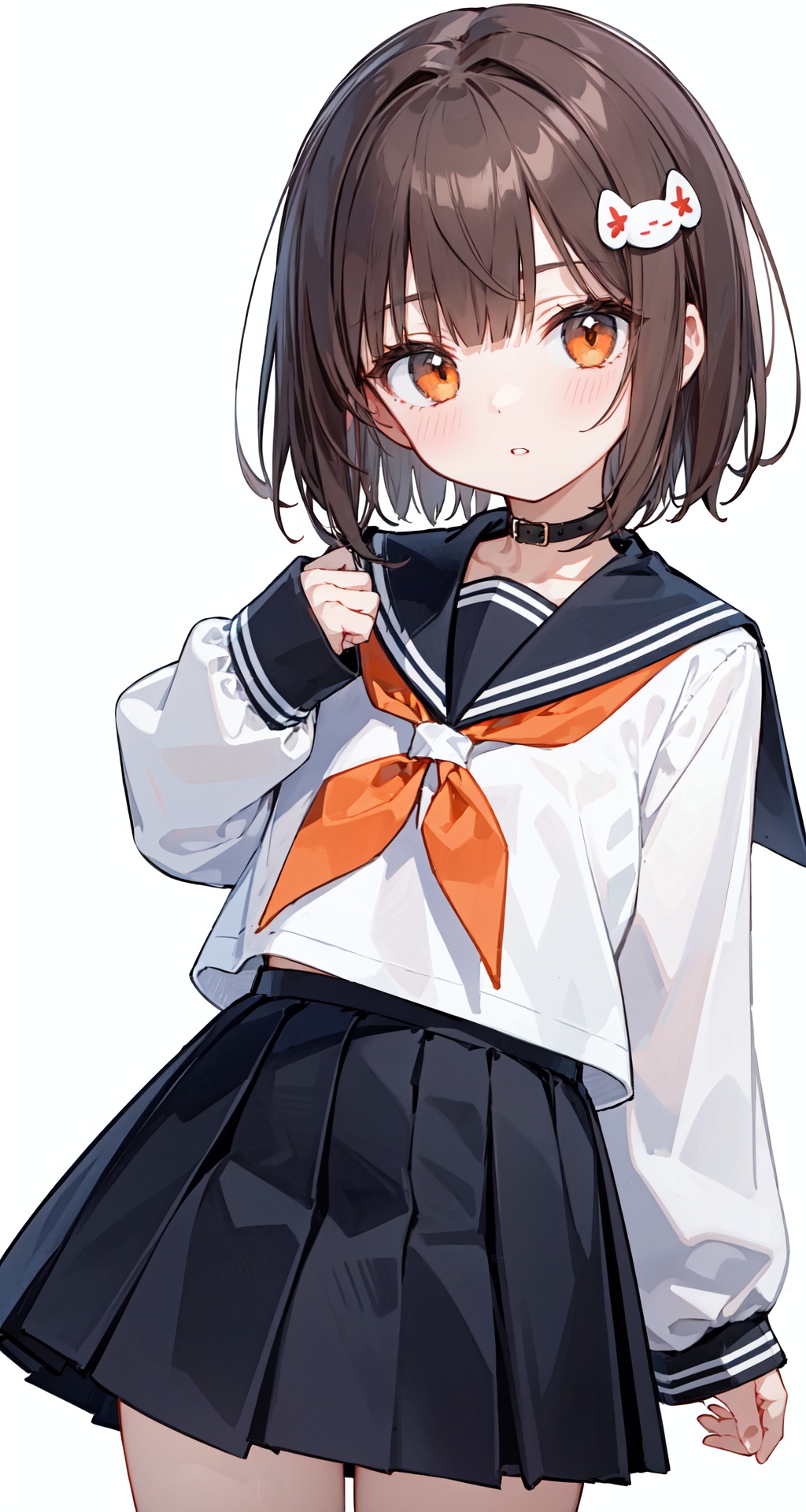  solo, 1girl, sleeves past wrists, school uniform, sleeves past fingers, skirt, simple background, bangs, hair ornament, serafuku, white background, short hair, parted lips, pleated skirt, long sleeves, muted color, neckerchief, brown hair, sailor collar, black skirt, blunt bangs, cowboy shot, orange eyes, black sailor collar, looking at viewer