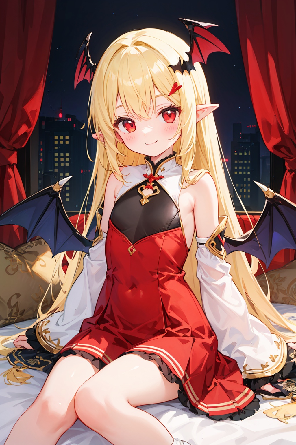  (loli:1.2),(petite:1.2),sitting,masterpiece, {highres},((ultra-detailed)),(detailed light),ray tracing,{an extremely delicate and beautiful},1girl,loli,(blonde clothes:1.2),(red clothes:1.2),white clothes,bangs,blue bat wings,detached sleeves, hair ornament, head wings, long hair, looking at viewer, pointy ears,red eyes, smile, solo,