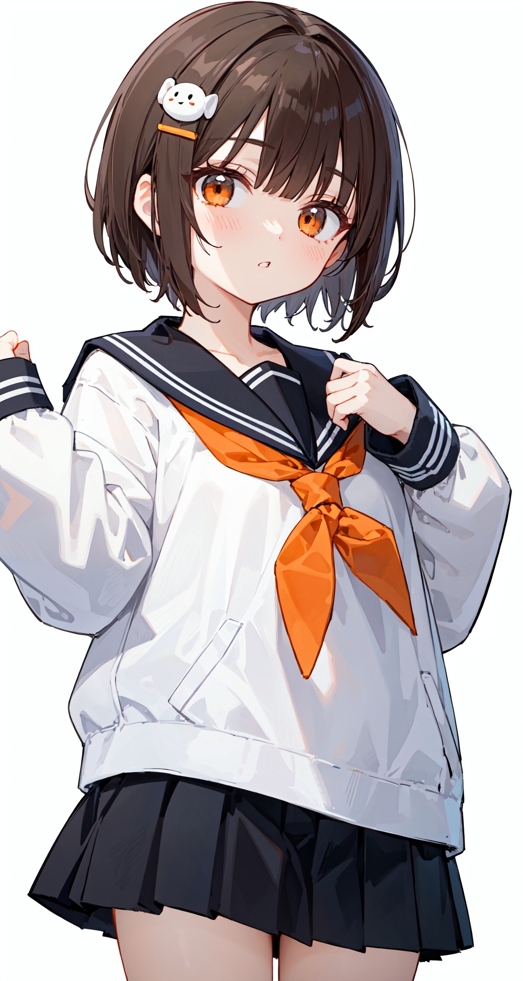  solo, 1girl, sleeves past wrists, school uniform, sleeves past fingers, skirt, simple background, bangs, hair ornament, serafuku, white background, short hair, parted lips, pleated skirt, long sleeves, muted color, neckerchief, brown hair, sailor collar, black skirt, blunt bangs, cowboy shot, orange eyes, black sailor collar, looking at viewer