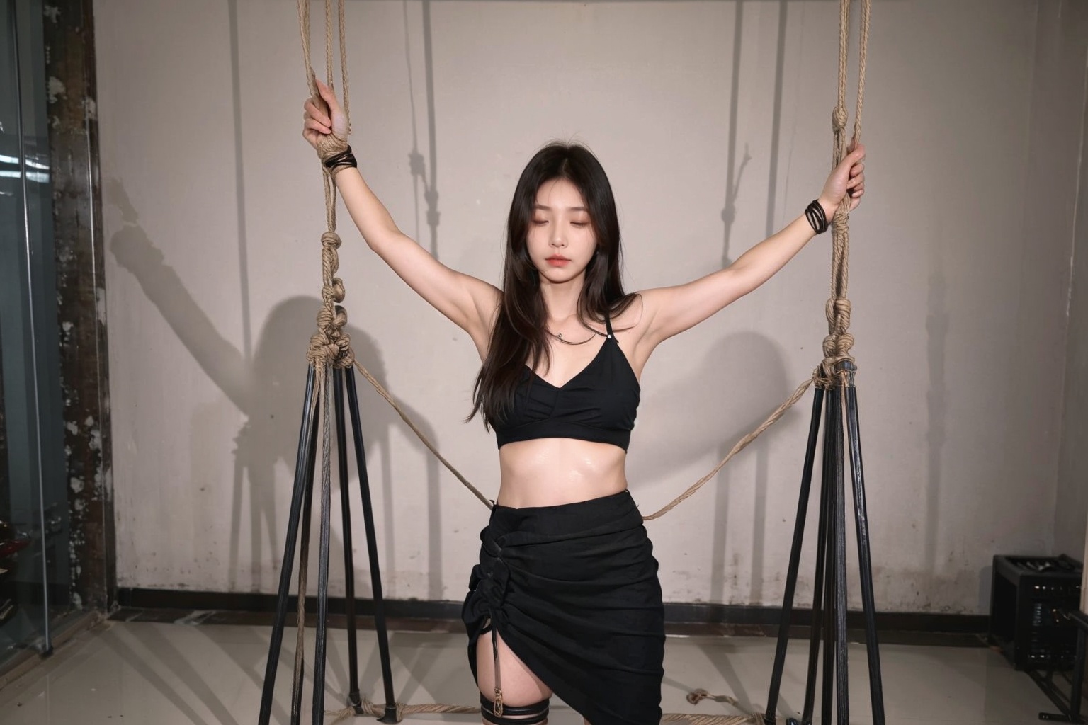  1girl, solo, bound, bondage, bdsm, long_hair, solo, closed_eyes, sarong, black_hair,moyou, sunyunzhu