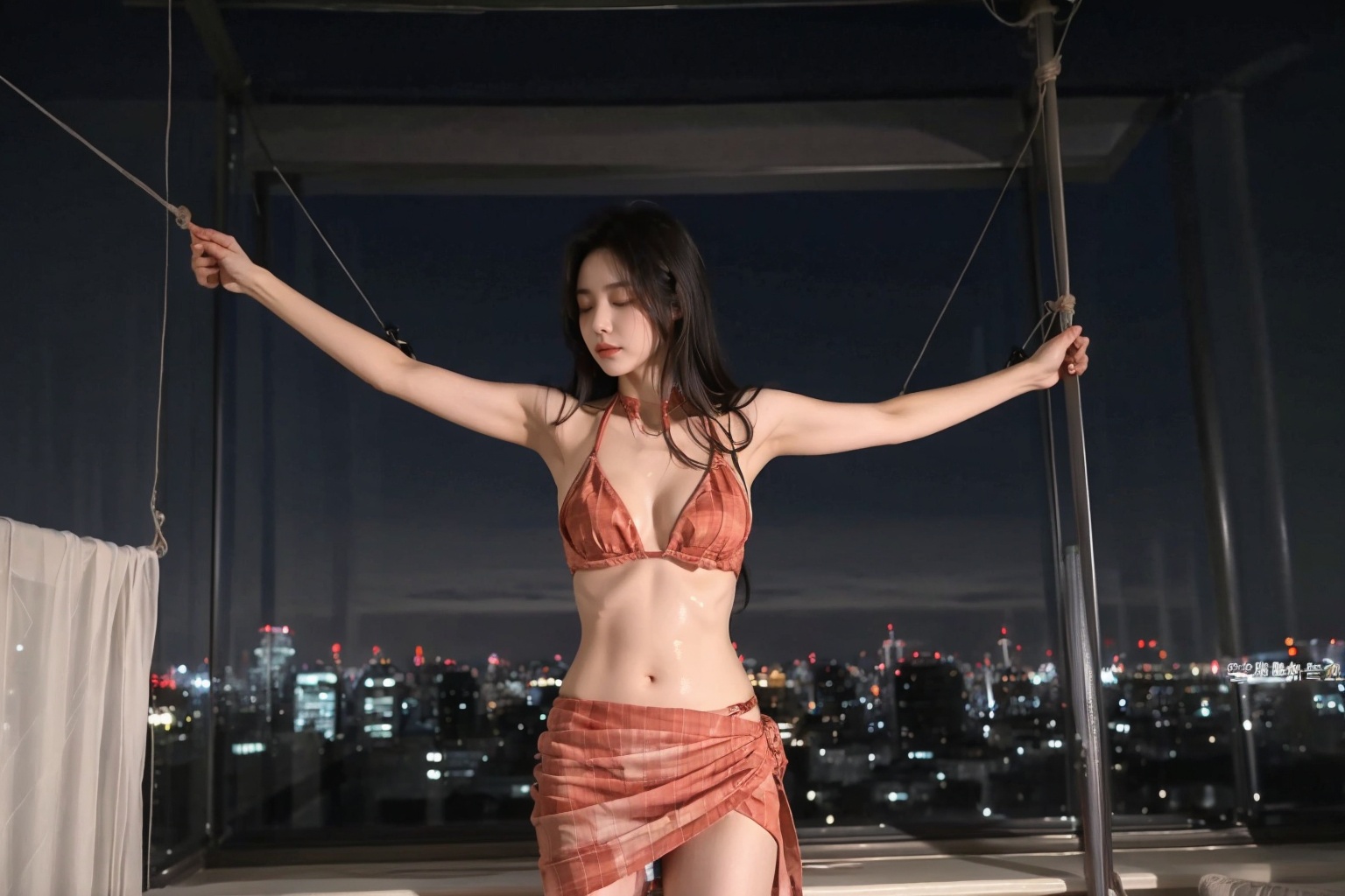  1girl, solo, bound, bondage, bdsm, long_hair, bikini, swimsuit, solo, closed_eyes, sarong, black_hair,moyou, sunyunzhu