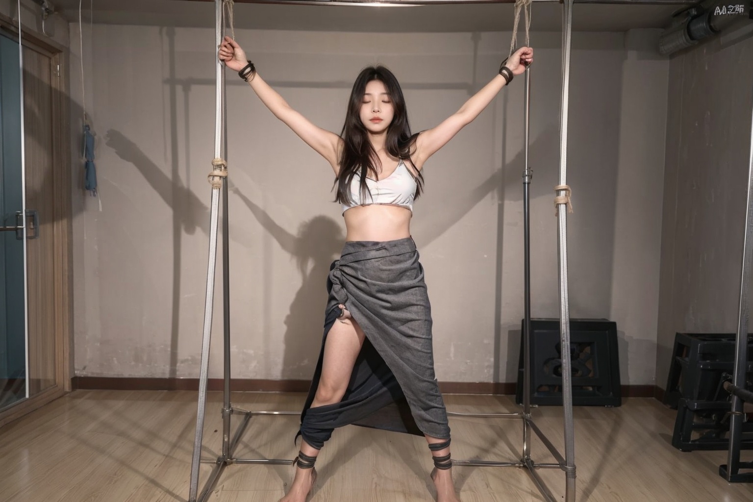  1girl, solo, bound, bondage, bdsm, long_hair, solo, closed_eyes, sarong, black_hair,moyou, sunyunzhu