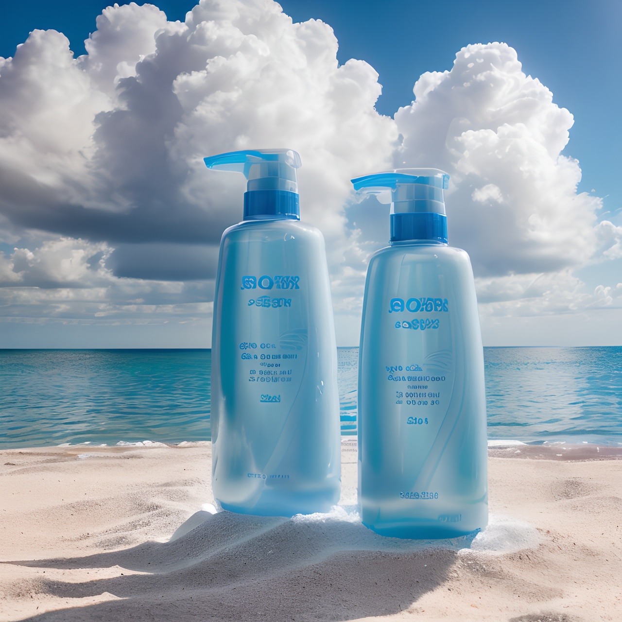  Blue scene (style)
RAW photo, ((two light blue bottles), ((water), ((white beach)), ((flower)), sea, sky, clouds, high saturation, high brightness, ambient light, (subject lighting), 8k Ultra HD, SLR camera, strong light contrast, high quality, film texture, Fujifilm XT3