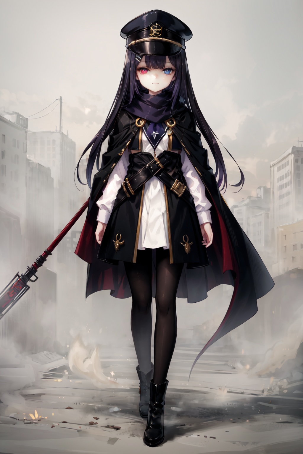 (devil),Fluorescent beast horns,Expressionless,full body,loli,(long hair),Purple hair color,hair to waist,hair over eyes,blunt bangs,Sweep bangs,(hairclip),Cape scarf,Cloak hem,College uniforms,Pantyhose,Long boots,peaked cap,(Heterochromatic pupil),
