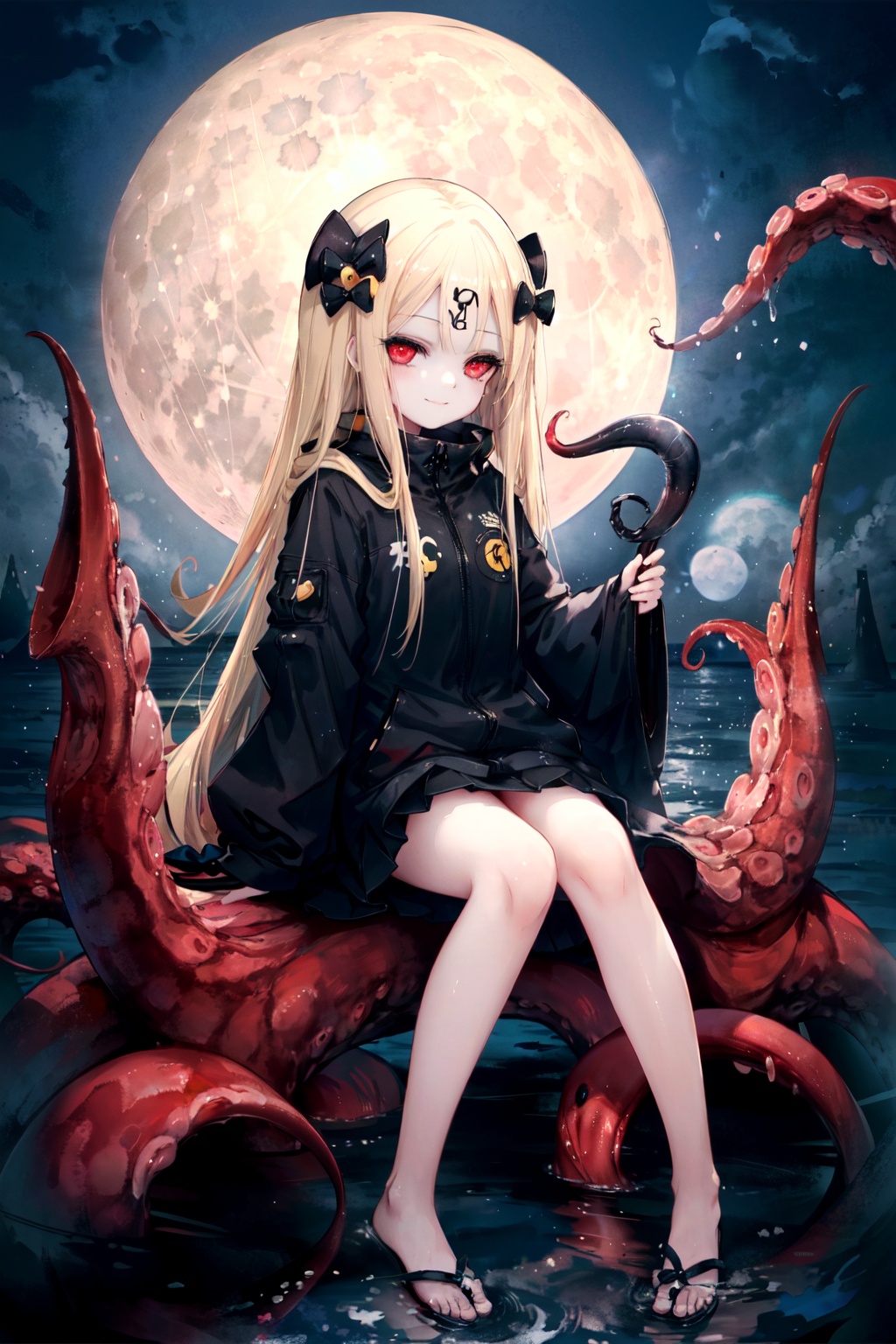 1girl,(full moon:1.3),full body, cloudy sky,(abigail williams \(third ascension\) \(fate\):1.1), ((girl sitting on water)), ,((black tentacles)), evil smile, red eyes, (((tentacles on the moon))),red moon,