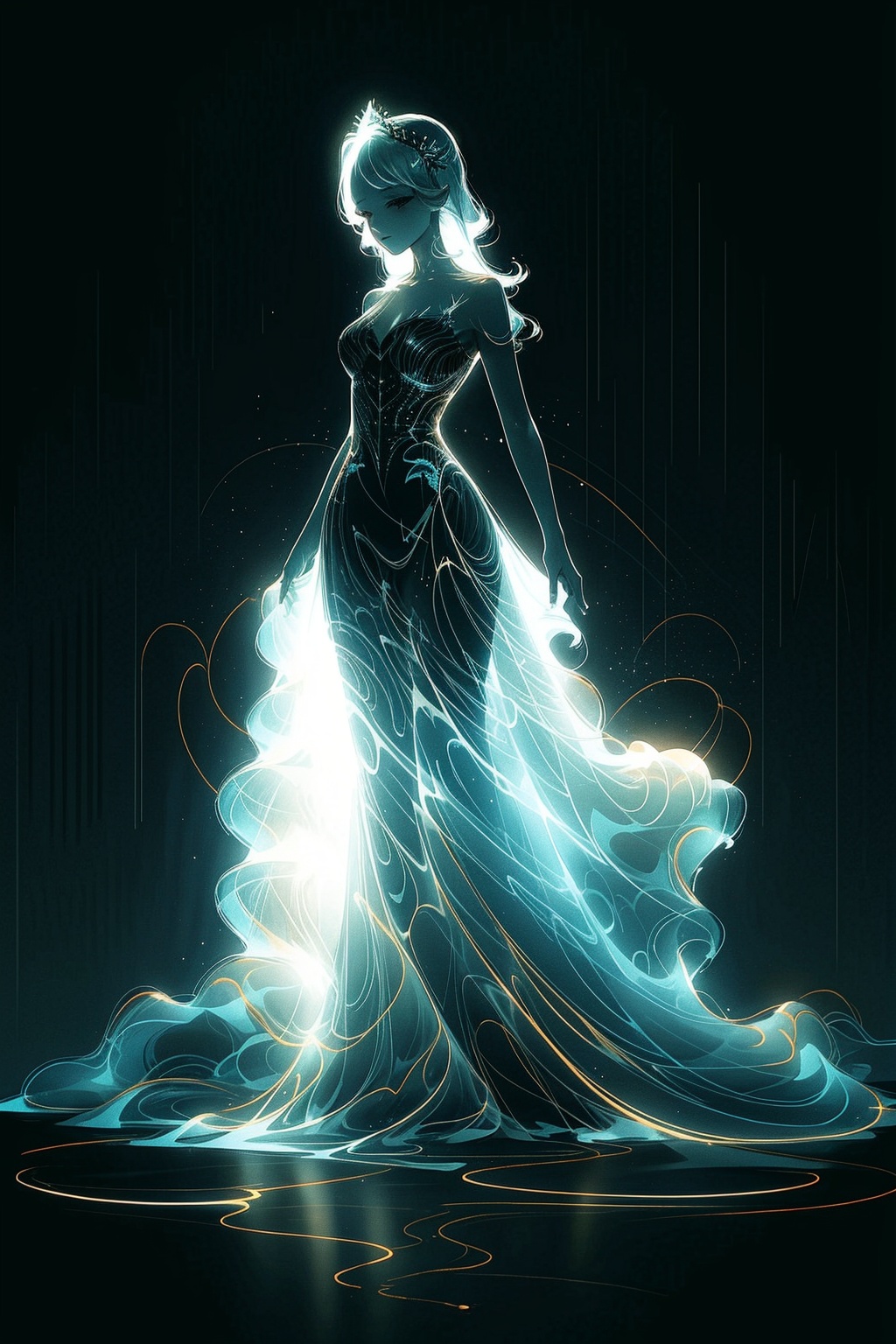1girl,Luminescent,dress,light,Simple background,Headdress,the whole body,stand,<lora:660447313082219790:1.0>