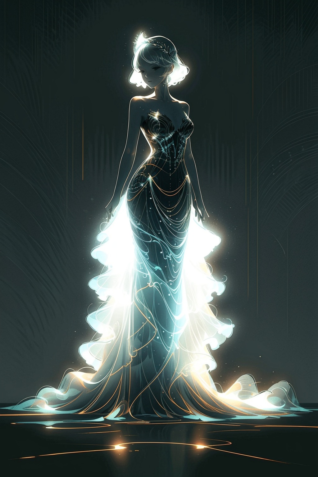 1girl,Luminescent,dress,light,Simple background,Headdress,the whole body,stand,<lora:660447313082219790:1.0>