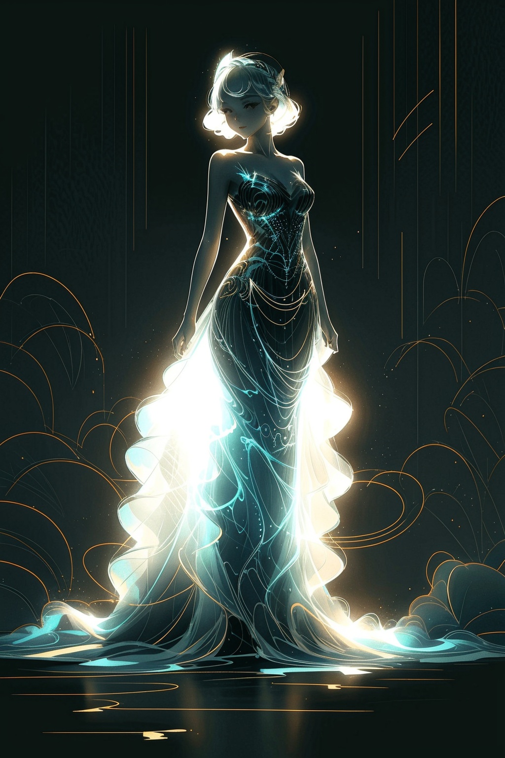 1girl,Luminescent,dress,light,Simple background,Headdress,the whole body,stand,<lora:660447313082219790:1.0>