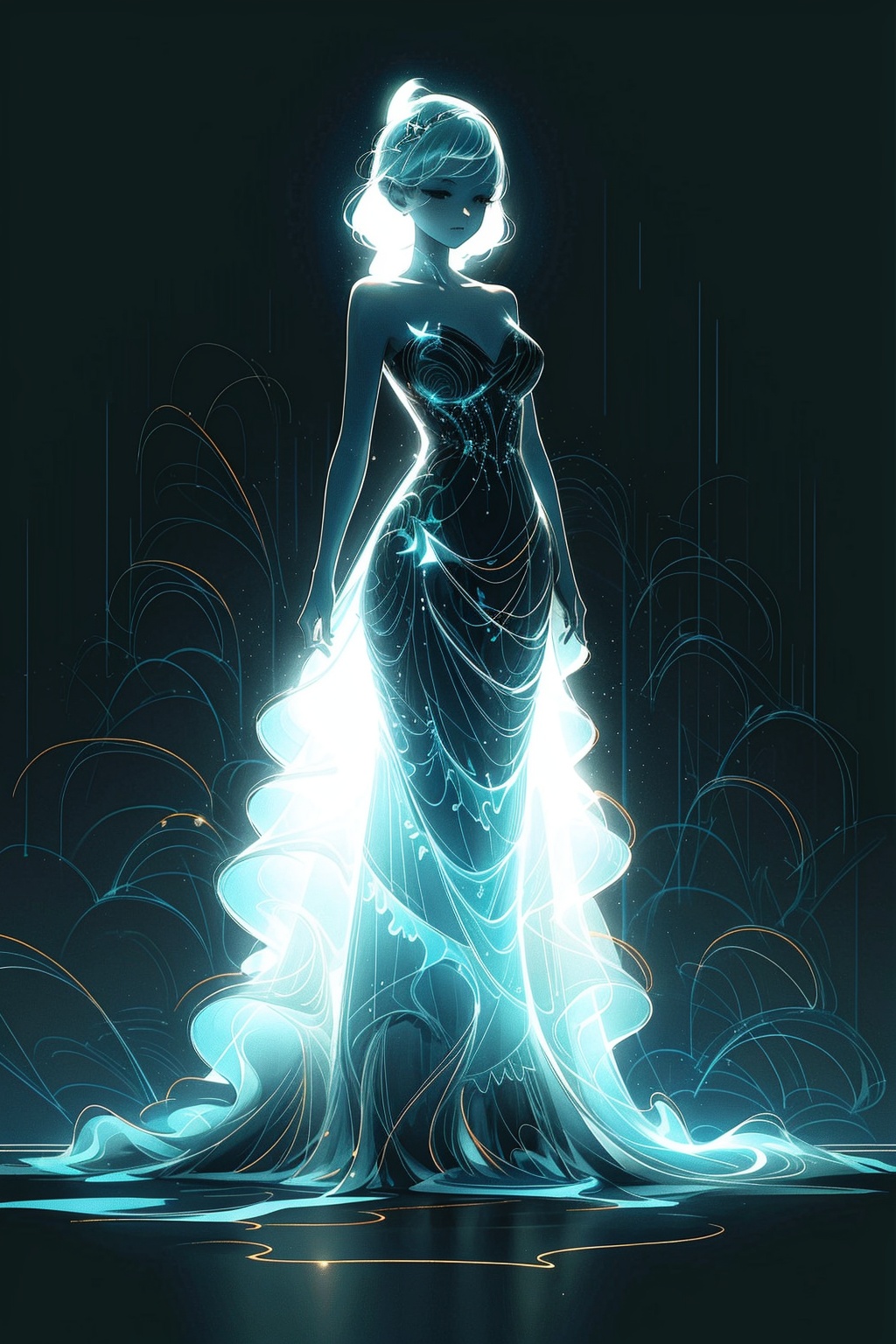 1girl,Luminescent,dress,light,Simple background,Headdress,the whole body,stand,<lora:660447313082219790:1.0>