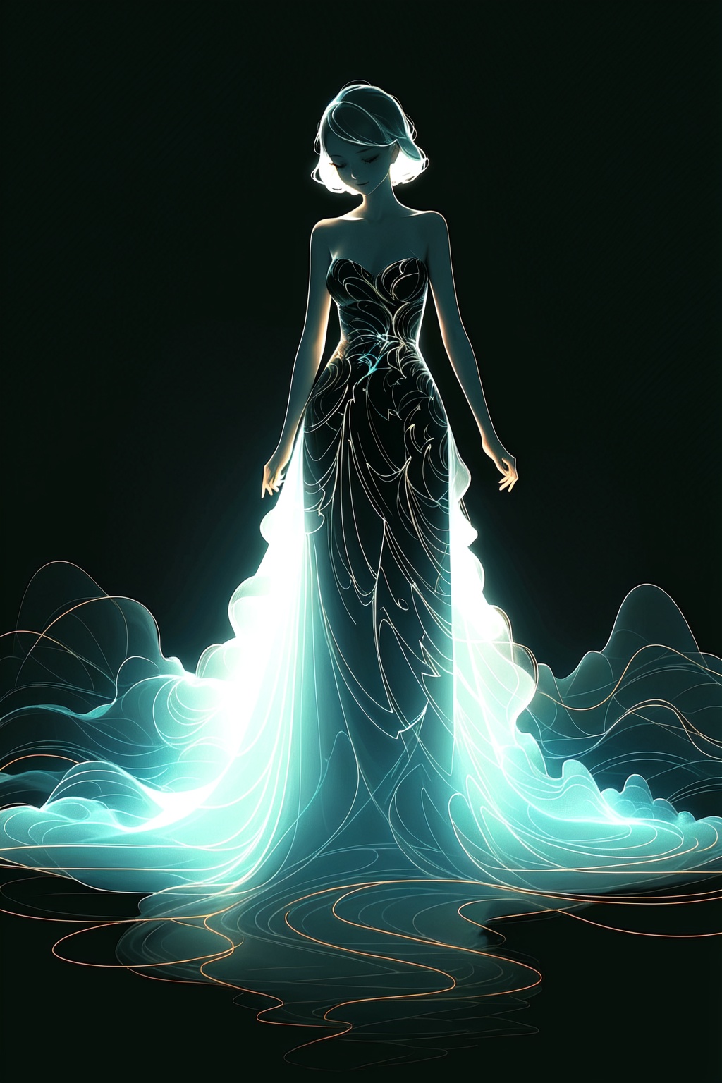 1girl,Luminescent,dress,light,Simple background,the whole body,stand,<lora:660447313082219790:1.0>