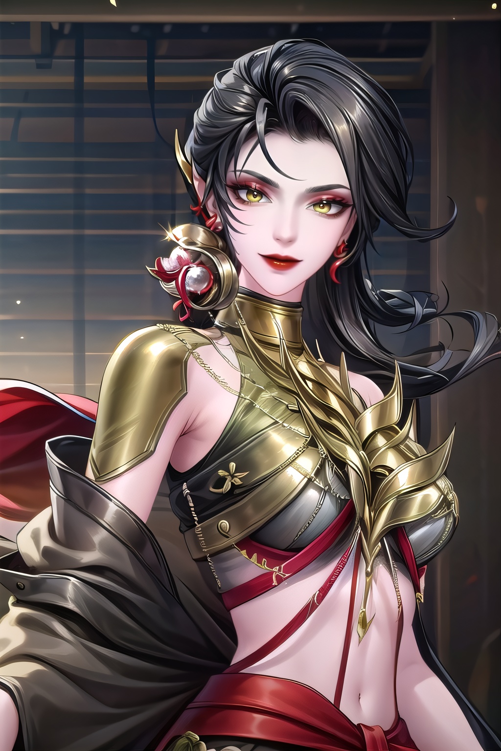 yuanshen, 1girl, black hair, earrings, yellow eyes, jewelry, solo, looking at viewer, makeup, armor, smile, upper body, red lips, long hair, gold armor, shoulder armor, eyeshadow,nice hands,