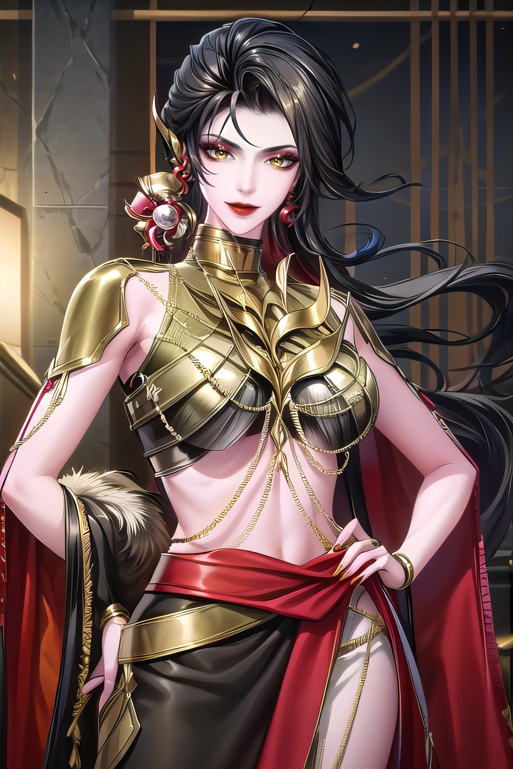 yuanshen, 1girl, black hair, earrings, yellow eyes, jewelry, solo, looking at viewer, makeup, armor, smile, cowboy_shot, red lips, long hair, gold armor, shoulder armor, eyeshadow,nice hands,hand on hip,