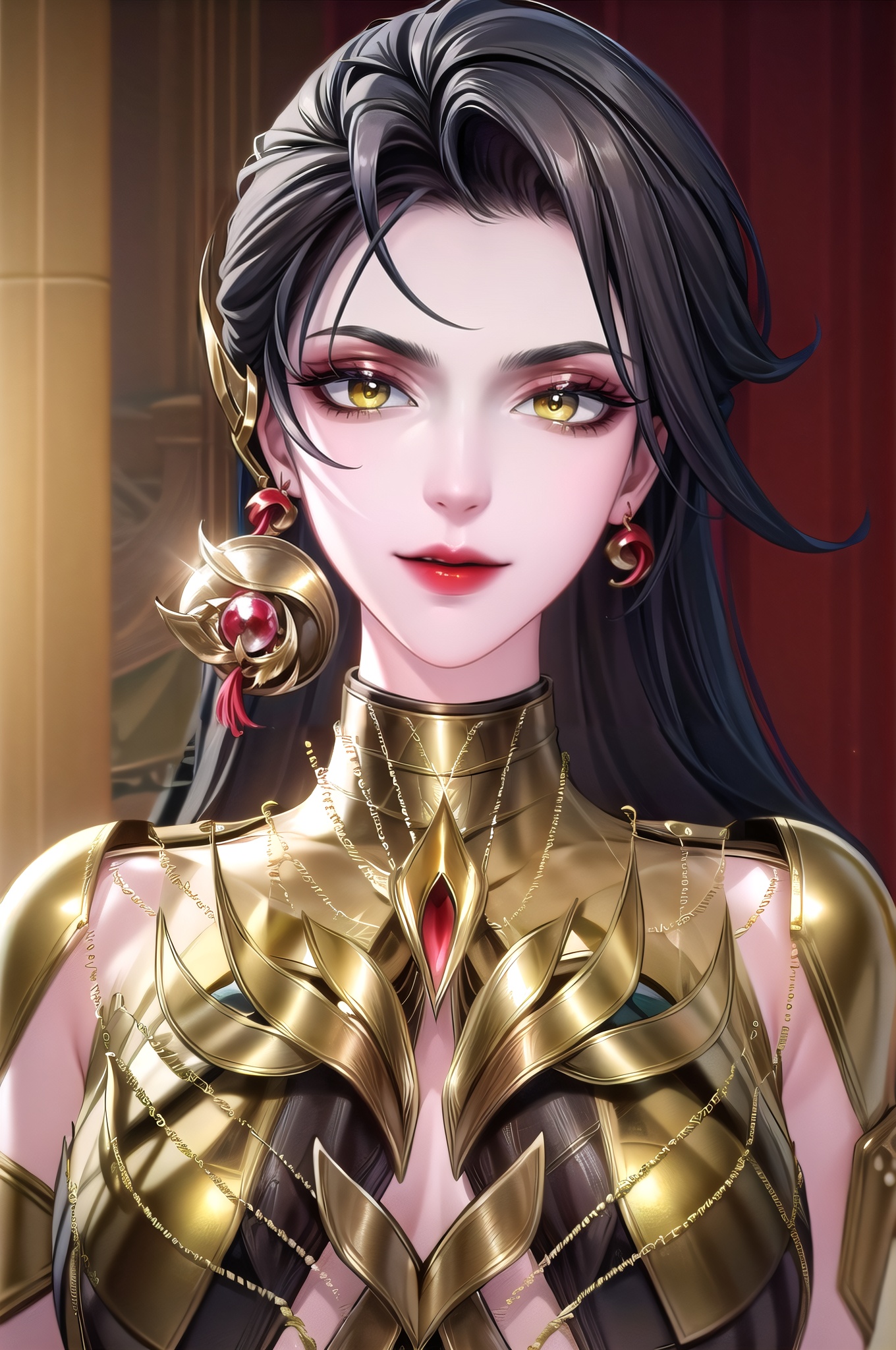 yuanshen, 1girl, black hair, earrings, yellow eyes, jewelry, solo, looking at viewer, makeup, armor, smile, upper body, red lips, long hair, gold armor, shoulder armor, eyeshadow, nice hands,  perfect balance, looking at viewer, closed mouth, (Light_Smile:0.3), official art, extremely detailed CG unity 8k wallpaper, perfect lighting, Colorful, Bright_Front_face_Lighting, White skin, (masterpiece:1), (best_quality:1), ultra high res, 4K, ultra-detailed, photography, 8K, HDR, highres, absurdres:1.2, Kodak portra 400, film grain, blurry background, bokeh:1.2, lens flare, (vibrant_color:1.2), professional photograph, (narrow_waist),