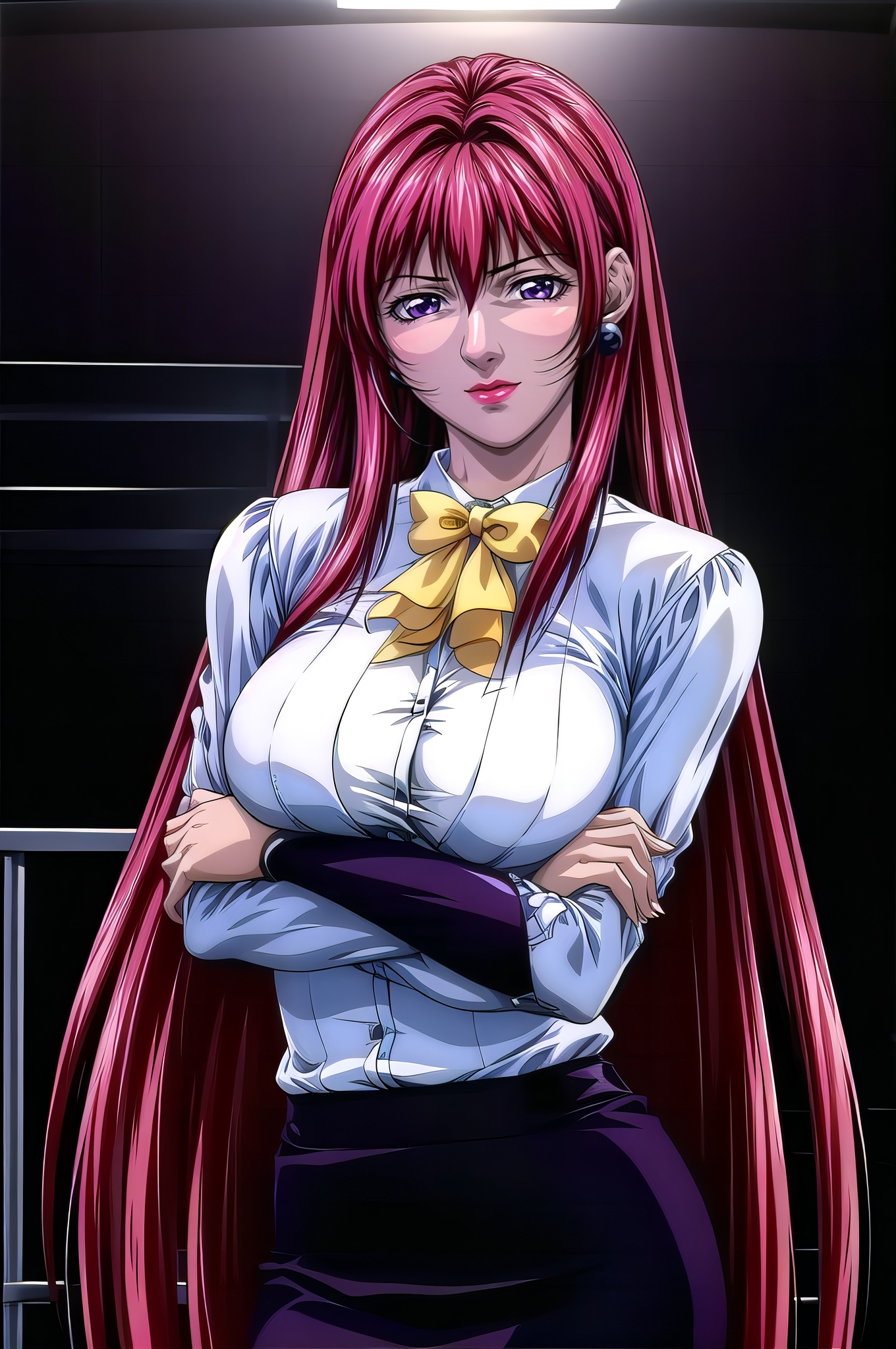 yuanshen, 1girl, solo, earrings, jewelry, long hair, lipstick, red hair, crossed arms, makeup, breasts, large breasts, black background, formal, skirt, bow, blue eyes, simple background, suit, purple eyes, looking at viewer,, nice hands,  perfect balance, looking at viewer, closed mouth, (Light_Smile:0.3), official art, extremely detailed CG unity 8k wallpaper, perfect lighting, Colorful, Bright_Front_face_Lighting, White skin, (masterpiece:1), (best_quality:1), ultra high res, 4K, ultra-detailed, photography, 8K, HDR, highres, absurdres:1.2, Kodak portra 400, film grain, blurry background, bokeh:1.2, lens flare, (vibrant_color:1.2), professional photograph, (narrow_waist),