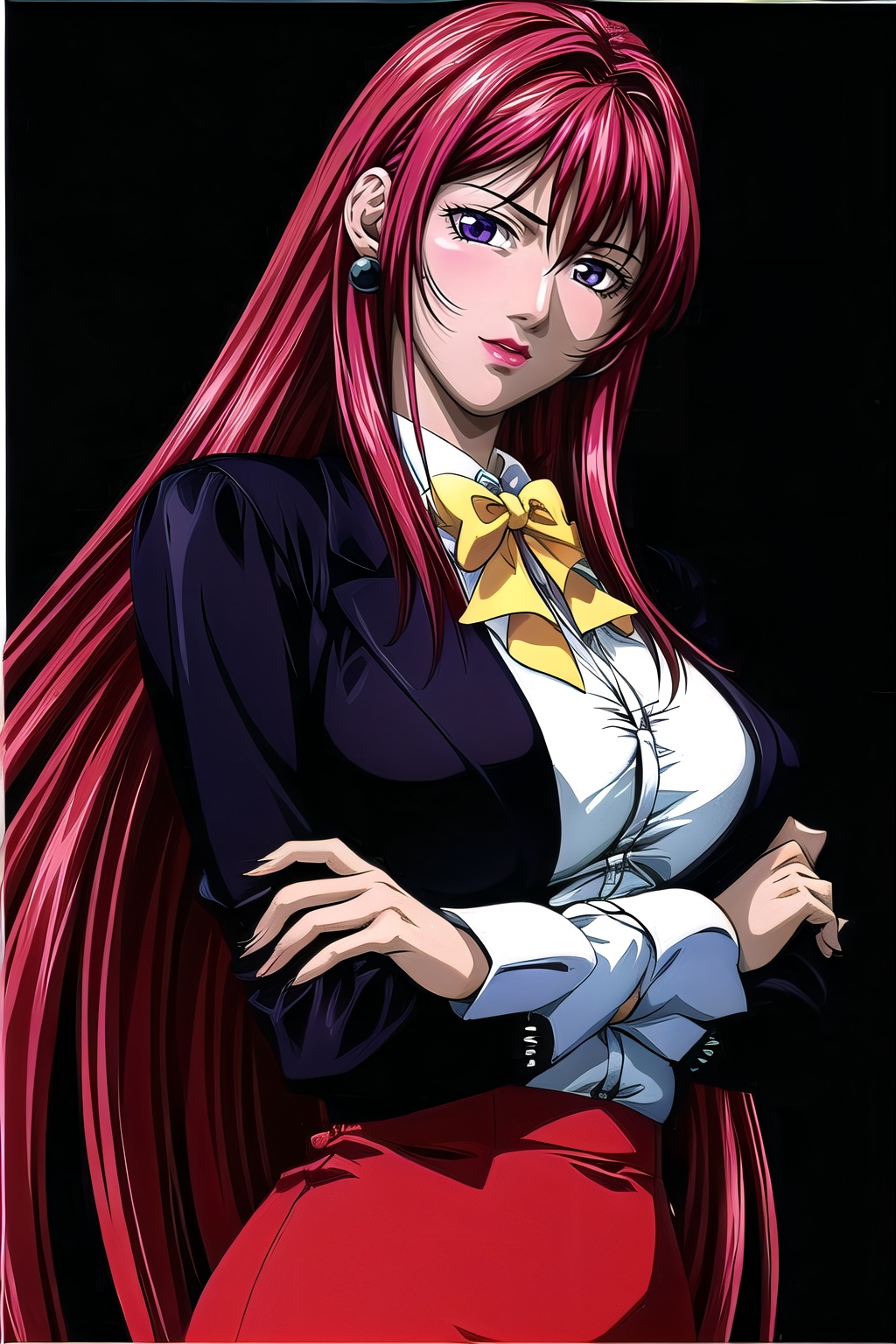 yuanshen, 1girl, solo, earrings, jewelry, long hair, lipstick, red hair, crossed arms, makeup, breasts, large breasts, black background, formal, skirt, bow, blue eyes, simple background, suit, purple eyes, looking at viewer,nice hands,