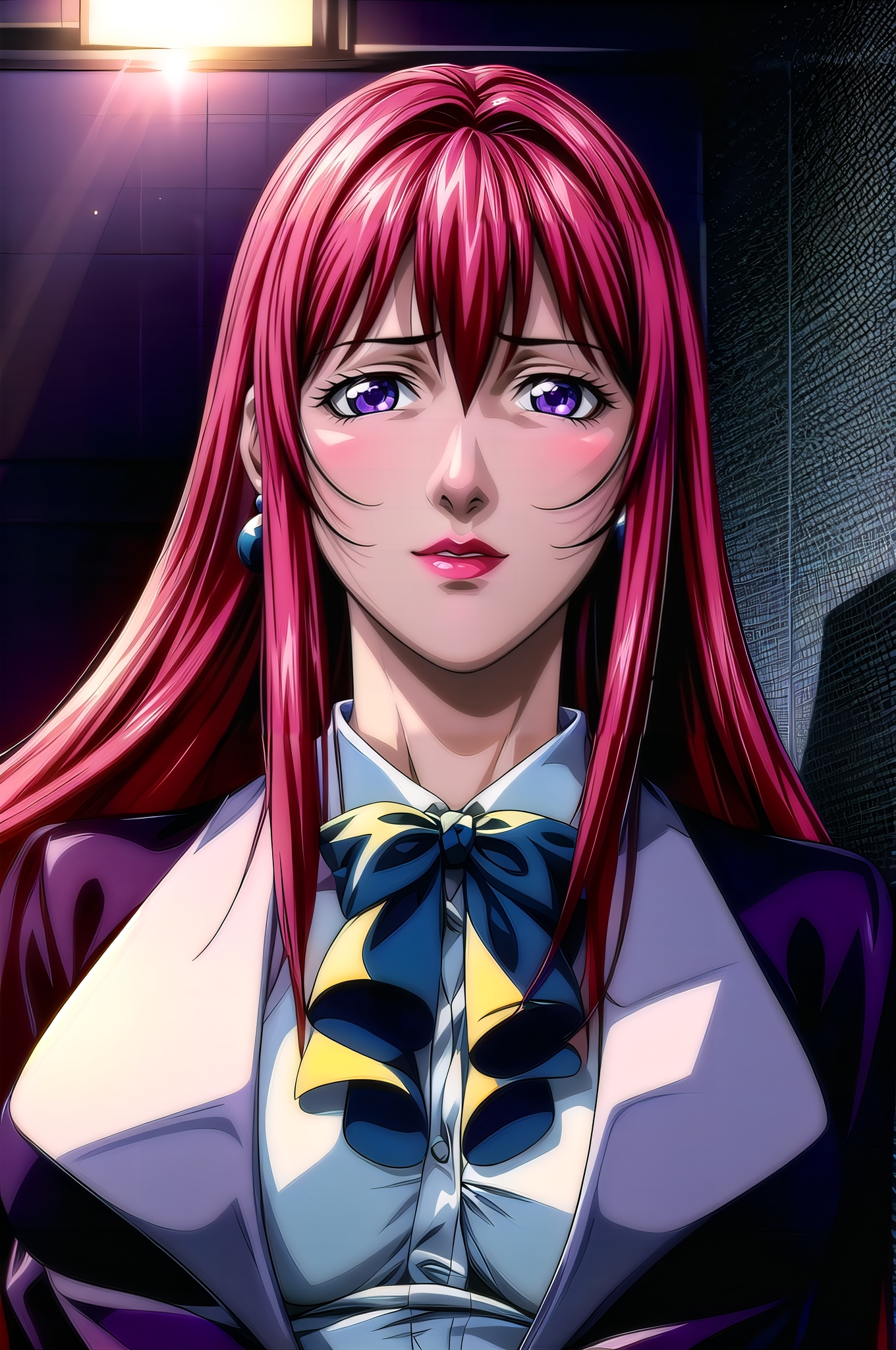 yuanshen, 1girl, solo, earrings, jewelry, long hair, lipstick, red hair, crossed arms, makeup, breasts, large breasts, black background, formal, skirt, bow, blue eyes, simple background, suit, purple eyes, looking at viewer, nice hands,  perfect balance, looking at viewer, closed mouth, (Light_Smile:0.3), official art, extremely detailed CG unity 8k wallpaper, perfect lighting, Colorful, Bright_Front_face_Lighting, White skin, (masterpiece:1), (best_quality:1), ultra high res, 4K, ultra-detailed, photography, 8K, HDR, highres, absurdres:1.2, Kodak portra 400, film grain, blurry background, bokeh:1.2, lens flare, (vibrant_color:1.2), professional photograph, (narrow_waist),