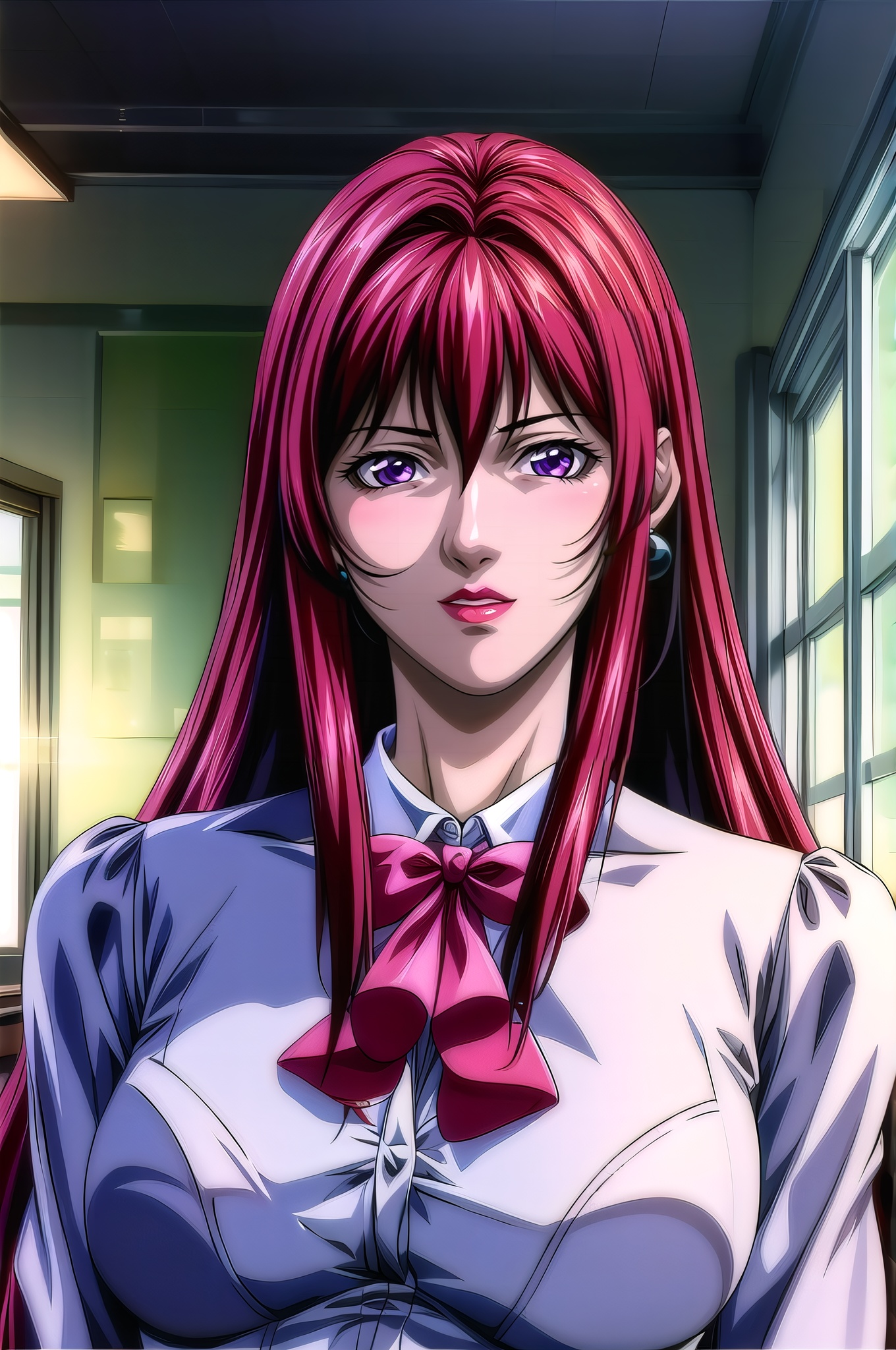 yuanshen, 1girl, solo, jewelry, earrings, long hair, red hair, bow, lipstick, school uniform, purple eyes, window, makeup, parted lips, upper body, lips, nice hands,  perfect balance, looking at viewer, closed mouth, (Light_Smile:0.3), official art, extremely detailed CG unity 8k wallpaper, perfect lighting, Colorful, Bright_Front_face_Lighting, White skin, (masterpiece:1), (best_quality:1), ultra high res, 4K, ultra-detailed, photography, 8K, HDR, highres, absurdres:1.2, Kodak portra 400, film grain, blurry background, bokeh:1.2, lens flare, (vibrant_color:1.2), professional photograph, (narrow_waist),