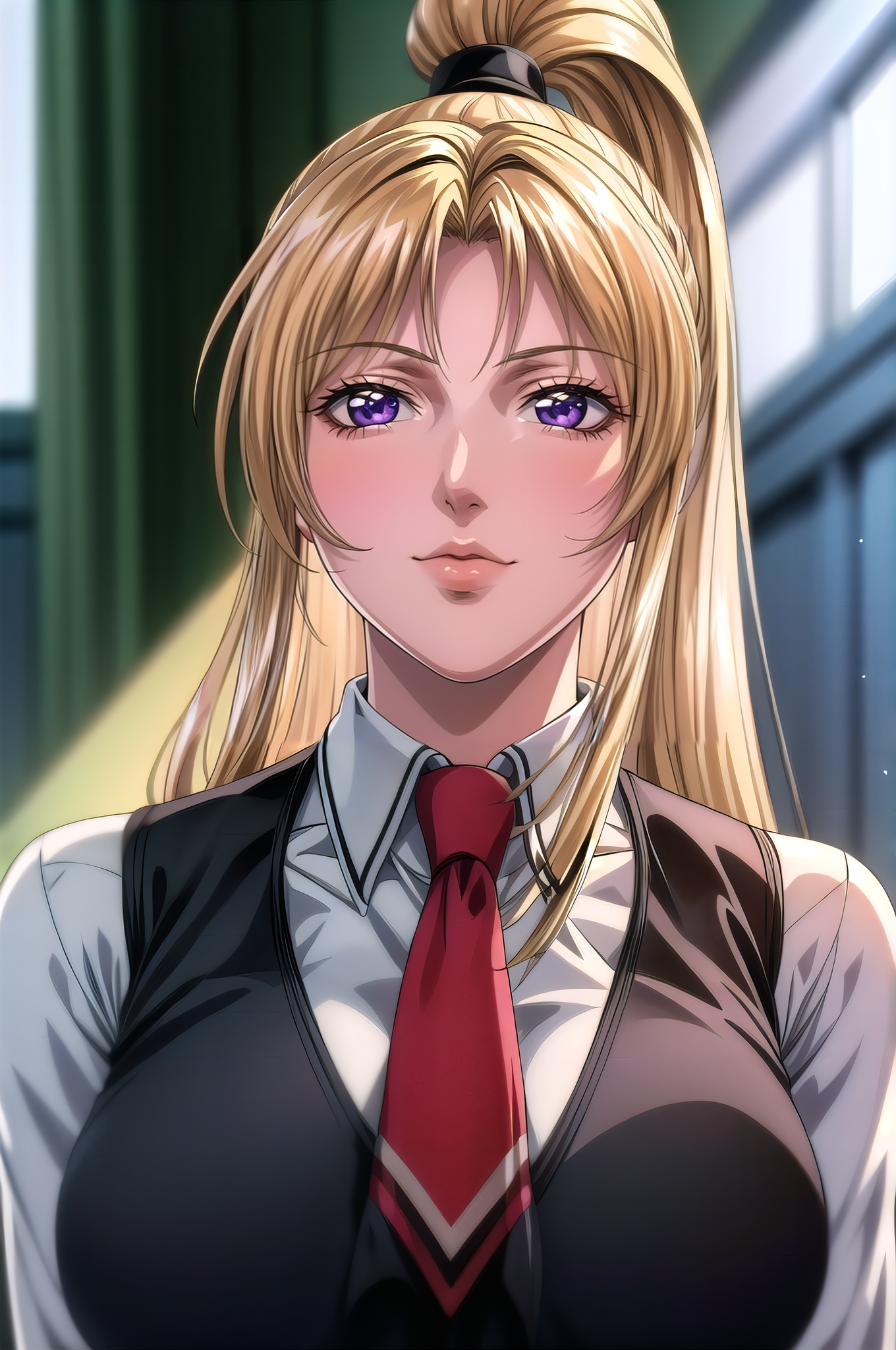 yuanshen, 1girl, solo, blonde hair, ponytail, necktie, skirt, long hair, vest, school uniform, long sleeves, purple eyes,looking at viewer, nice hands,  perfect balance, looking at viewer, closed mouth, (Light_Smile:0.3), official art, extremely detailed CG unity 8k wallpaper, perfect lighting, Colorful, Bright_Front_face_Lighting, White skin, (masterpiece:1), (best_quality:1), ultra high res, 4K, ultra-detailed, photography, 8K, HDR, highres, absurdres:1.2, Kodak portra 400, film grain, blurry background, bokeh:1.2, lens flare, (vibrant_color:1.2), professional photograph, (narrow_waist),