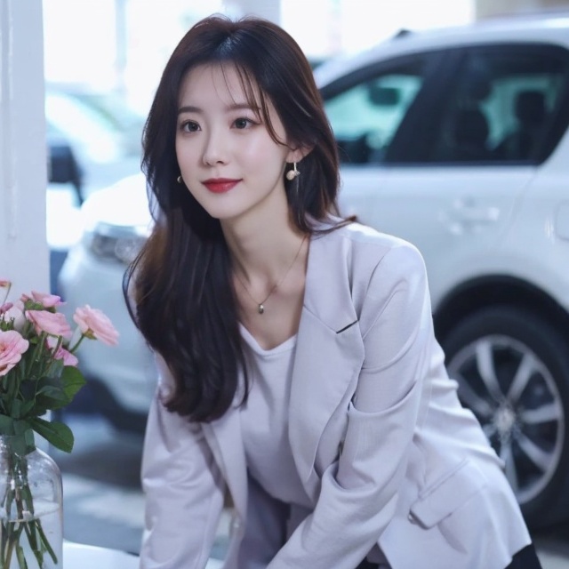  upper bare,masterpiece, Original, Stand, a beautiful woman with a bouquet of flowers in her hand, long hair, wearing a suit on the upper body, light gray thick tights on the lower body, Bag, jewelry, Necklace, Earrings, Ring, rounded at the knees, waiting for someone, with a sweet smile, newspaper, The best quality, Ray tracing, 8k, 1girl, depth of field,moyou