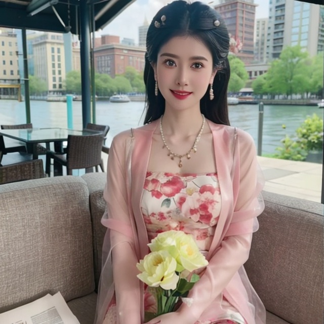  upper bare,masterpiece, Original, Stand, a beautiful woman with a bouquet of flowers in her hand, long hair, wearing a suit on the upper body, light gray thick tights on the lower body, Bag, jewelry, Necklace, Earrings, Ring, rounded at the knees, waiting for someone, with a sweet smile, newspaper, The best quality, Ray tracing, 8k, 1girl