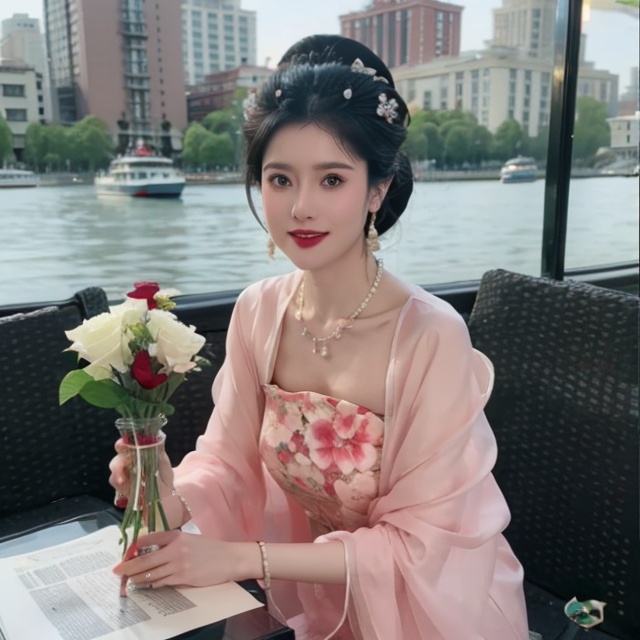  upper bare,masterpiece, Original, Stand, a beautiful woman with a bouquet of flowers in her hand, long hair, wearing a suit on the upper body, light gray thick tights on the lower body, Bag, jewelry, Necklace, Earrings, Ring, rounded at the knees, waiting for someone, with a sweet smile, newspaper, The best quality, Ray tracing, 8k, 1girl