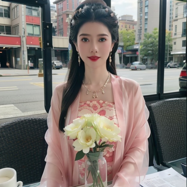  upper bare,masterpiece, Original, Stand, a beautiful woman with a bouquet of flowers in her hand, long hair, wearing a suit on the upper body, light gray thick tights on the lower body, Bag, jewelry, Necklace, Earrings, Ring, rounded at the knees, waiting for someone, with a sweet smile, newspaper, The best quality, Ray tracing, 8k, 1girl