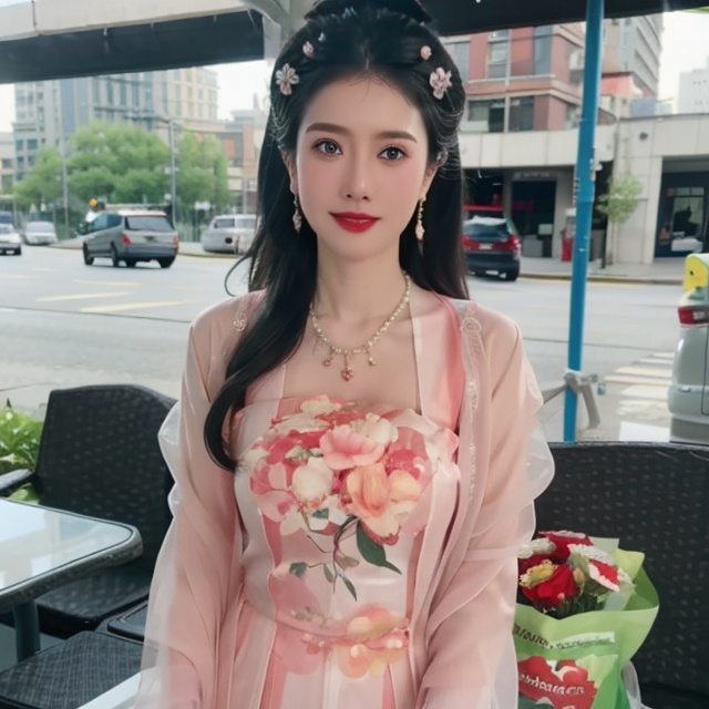  upper bare,masterpiece, Original, Stand, a beautiful woman with a bouquet of flowers in her hand, long hair, wearing a suit on the upper body, light gray thick tights on the lower body, Bag, jewelry, Necklace, Earrings, Ring, rounded at the knees, waiting for someone, with a sweet smile, newspaper, The best quality, Ray tracing, 8k, 1girl