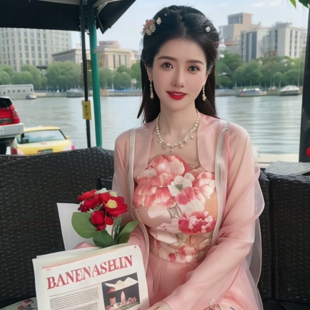  upper bare,masterpiece, Original, Stand, a beautiful woman with a bouquet of flowers in her hand, long hair, wearing a suit on the upper body, light gray thick tights on the lower body, Bag, jewelry, Necklace, Earrings, Ring, rounded at the knees, waiting for someone, with a sweet smile, newspaper, The best quality, Ray tracing, 8k, 1girl
