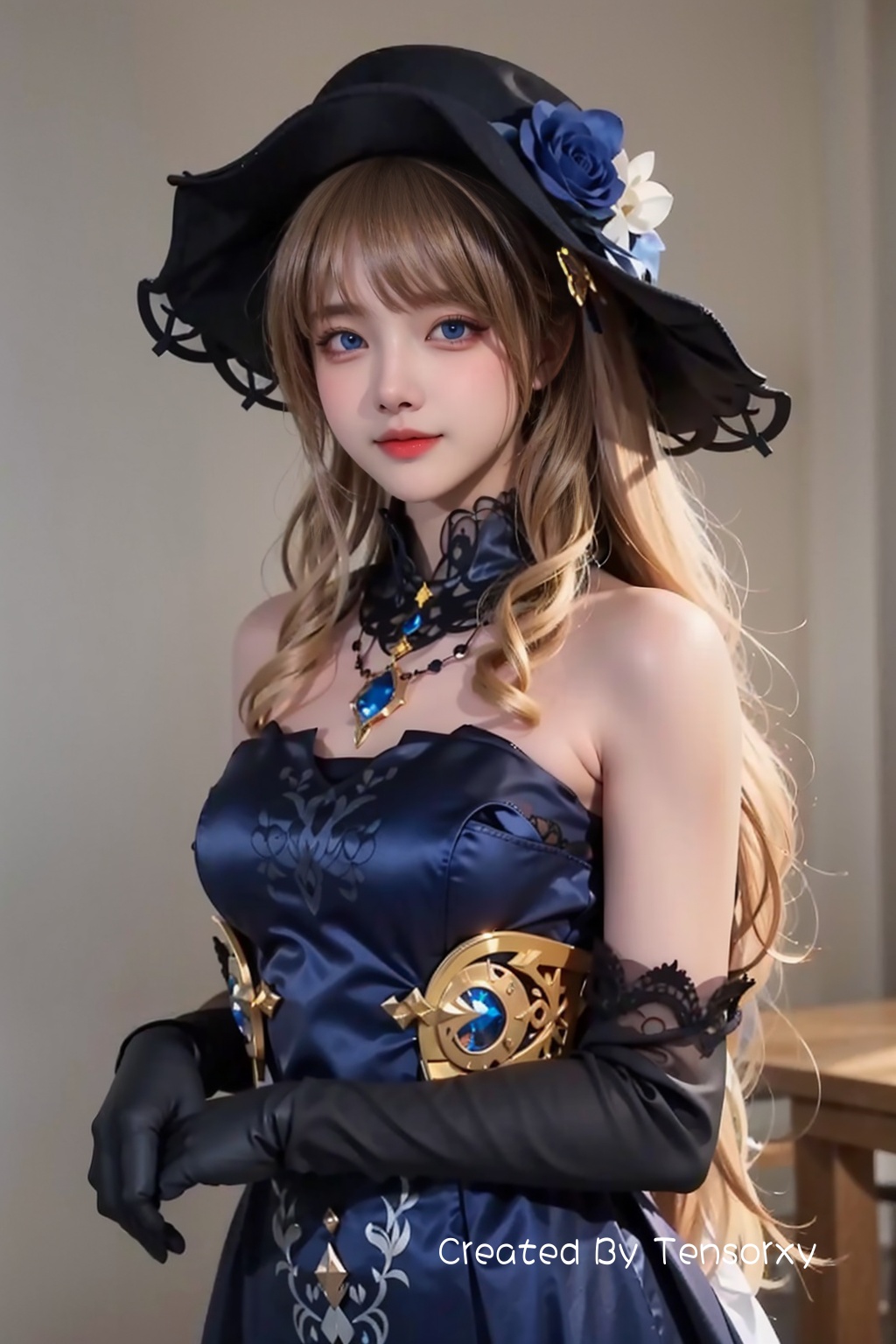 masterpiece,best quality,4k,realistic,1girl,navia,solo,long hair,looking at viewer,blue eyes,blonde hair,gloves,hat,dress,bare shoulders,jewelry,upper body,simple background,<lora:Navia15:0.6:lbw=ALL>,
