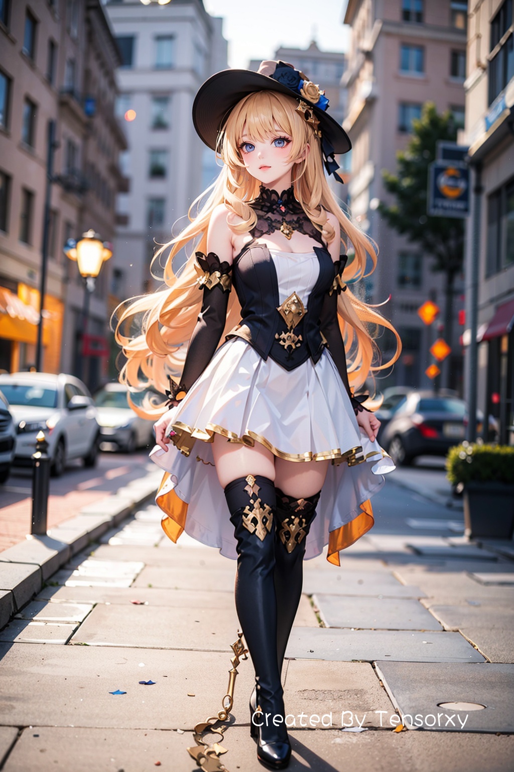 masterpiece,best quality,4k,realistic,1girl,navia,solo,arms_behind_back,long hair,looking at viewer,blonde hair,dress,detached sleeves,black headwear,blurry background,thigh boots,wavy hair,outdoors,full body,standing,<lora:Navia15:0.7:lbw=ALL>,