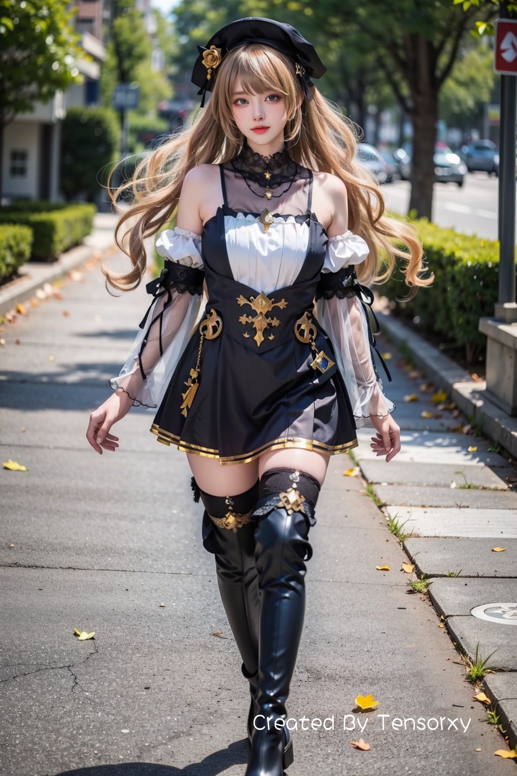 masterpiece, best quality, 4k, realistic, 1girl, navia, solo, arms_behind_back, long hair, looking at viewer, blonde hair, dress, detached sleeves, black headwear, blurry background, thigh boots, wavy hair, outdoors, full body, standing,<lora:Navia15:0.7:lbw=ALL>,