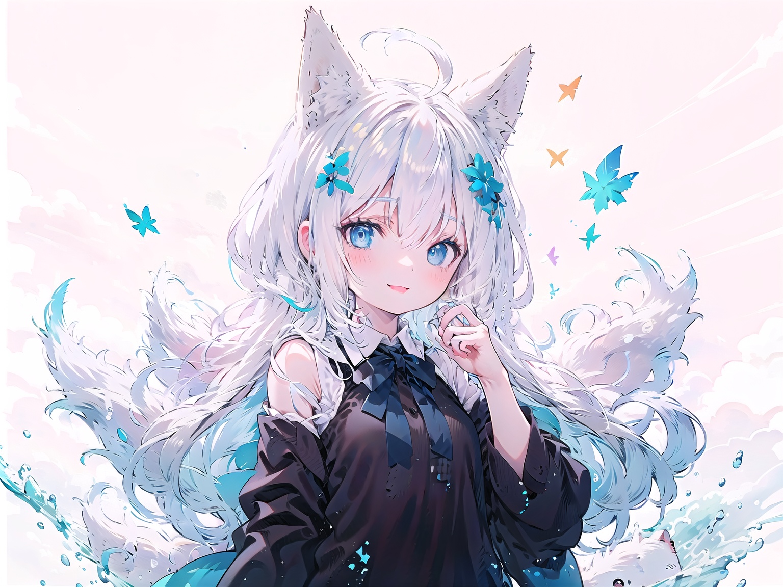(Masterpiece:1.2, high quality),1girl,smile,:p,blue_eyes,bow,very_long_hair,upper_body, beautiful detailed eyes, fox_ears, fox girl, fox tail,mouth_open,head tilt, hand_to_mouth, ahoge, hair between eyes, hair ornament, bare_shoulders, detached_sleeves,