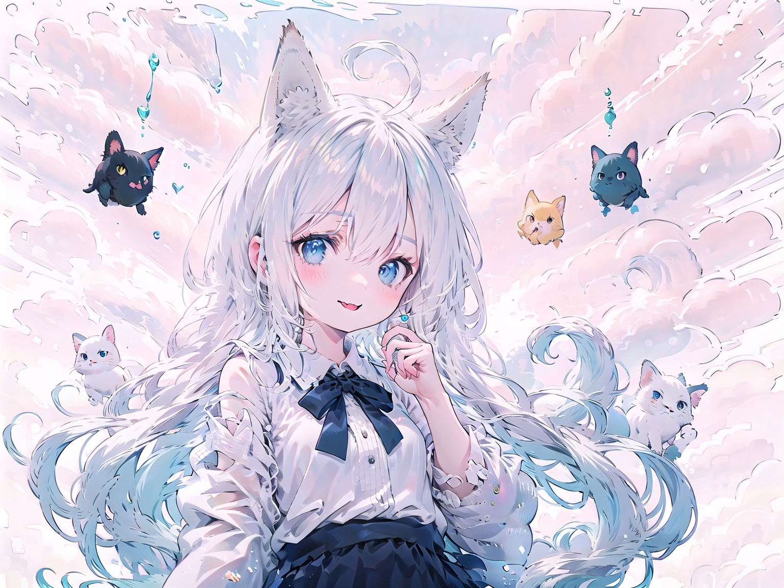 (Masterpiece:1.2, high quality),1girl,smile,:p,blue_eyes,bow,very_long_hair,upper_body, beautiful detailed eyes, fox_ears, fox girl, fox tail,mouth_open,head tilt, hand_to_mouth, ahoge, hair between eyes, hair ornament, bare_shoulders, detached_sleeves,